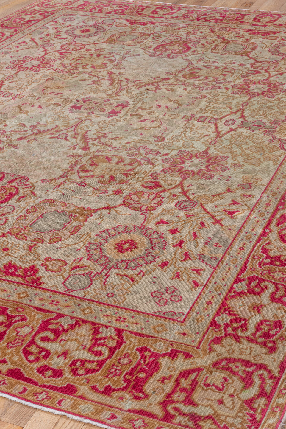 7' x 10' one-of-a-kind handmade antique Oushak large size rug. Color palette: ivory, raspberry, beige, rose, taupe, camel