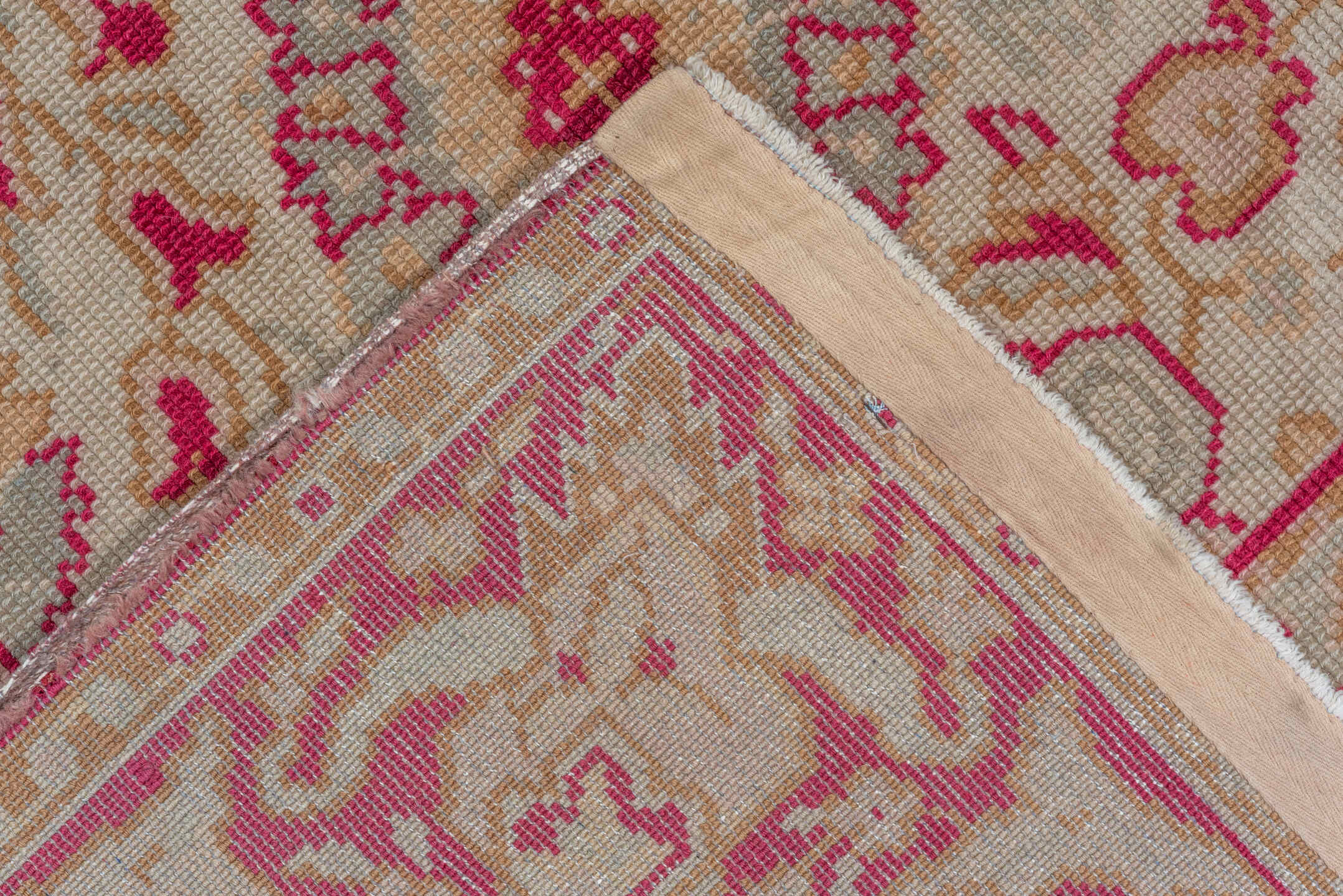 7' x 10' one-of-a-kind handmade antique Oushak large size rug. Color palette: ivory, raspberry, beige, rose, taupe, camel