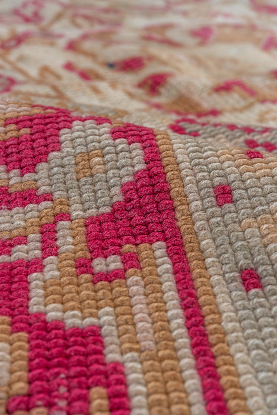 7' x 10' one-of-a-kind handmade antique Oushak large size rug. Color palette: ivory, raspberry, beige, rose, taupe, camel