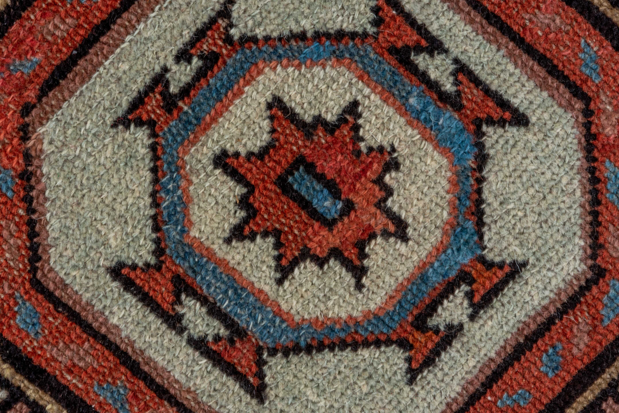 3' x 5' one-of-a-kind handmade antique Caucasian small size rug. Color palette: rose, ivory, sky_blue, rust, slate_blue