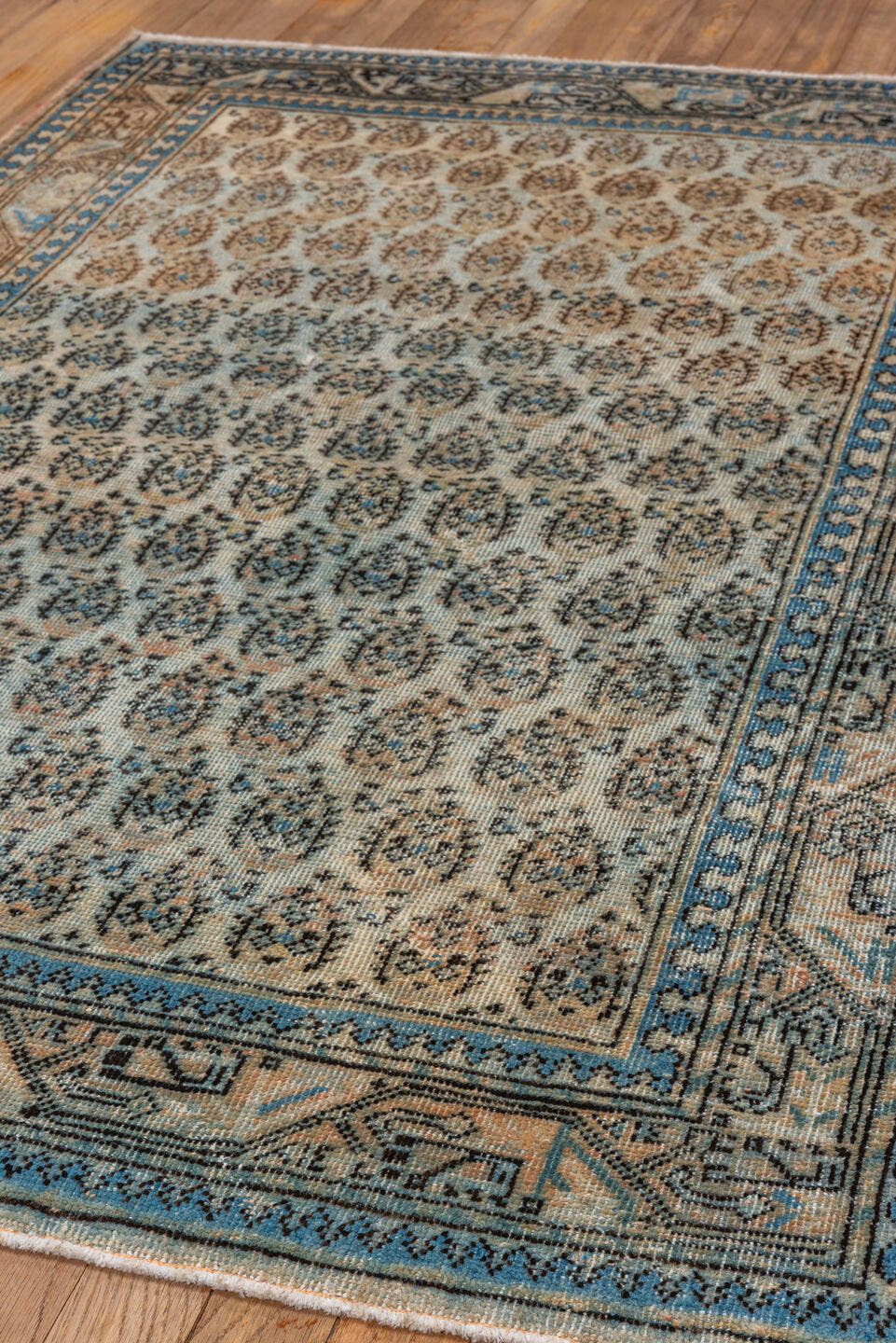 3' x 5' one-of-a-kind handmade antique Sivas small size rug. Color palette: ivory, sky blue, taupe, camel, charcoal, tan
