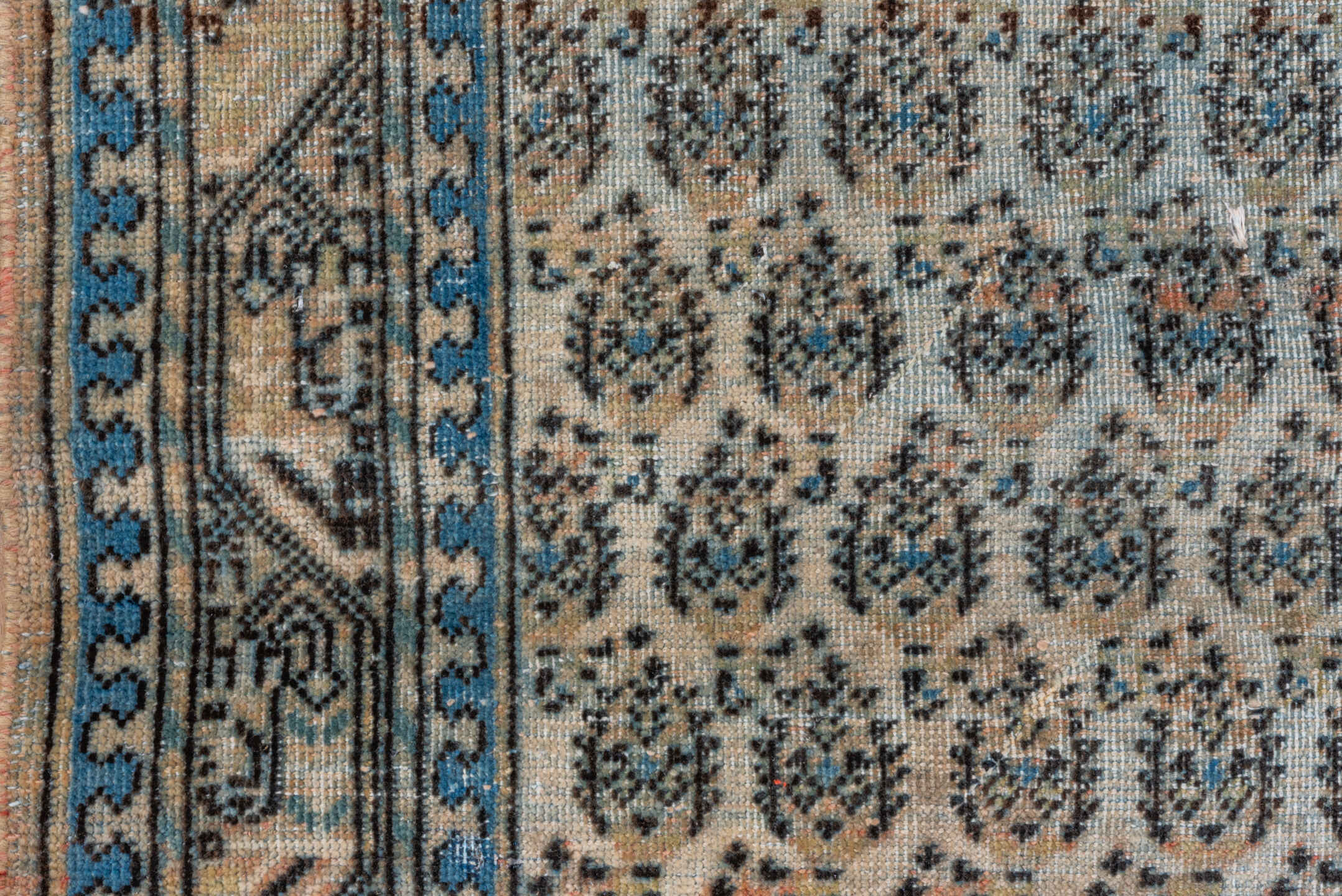 3' x 5' one-of-a-kind handmade antique Sivas small size rug. Color palette: ivory, sky blue, taupe, camel, charcoal, tan