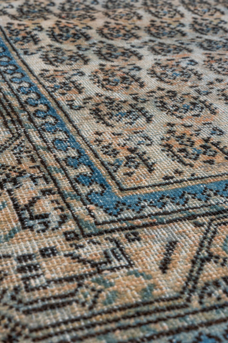 3' x 5' one-of-a-kind handmade antique Sivas small size rug. Color palette: ivory, sky blue, taupe, camel, charcoal, tan
