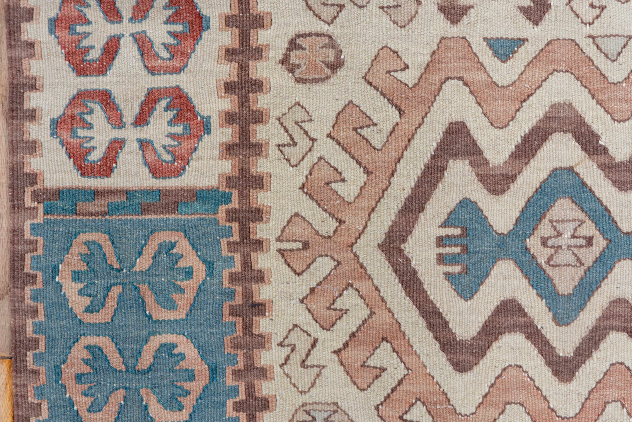 2' x 4' one-of-a-kind handmade antique Kilim small size rug. Color palette: ivory, brown, rust, blue, taupe, rose