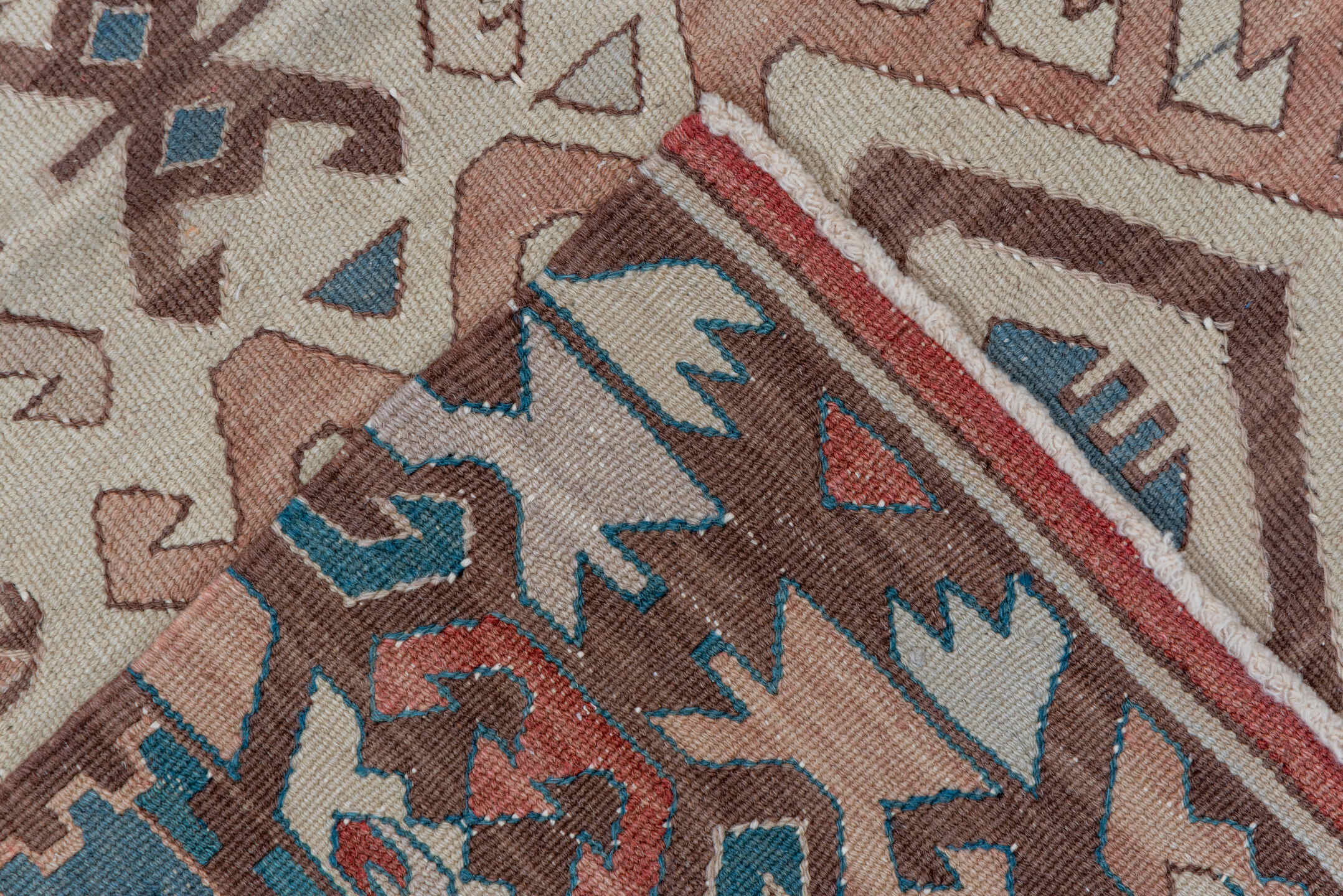 2' x 4' one-of-a-kind handmade antique Kilim small size rug. Color palette: ivory, brown, rust, blue, taupe, rose