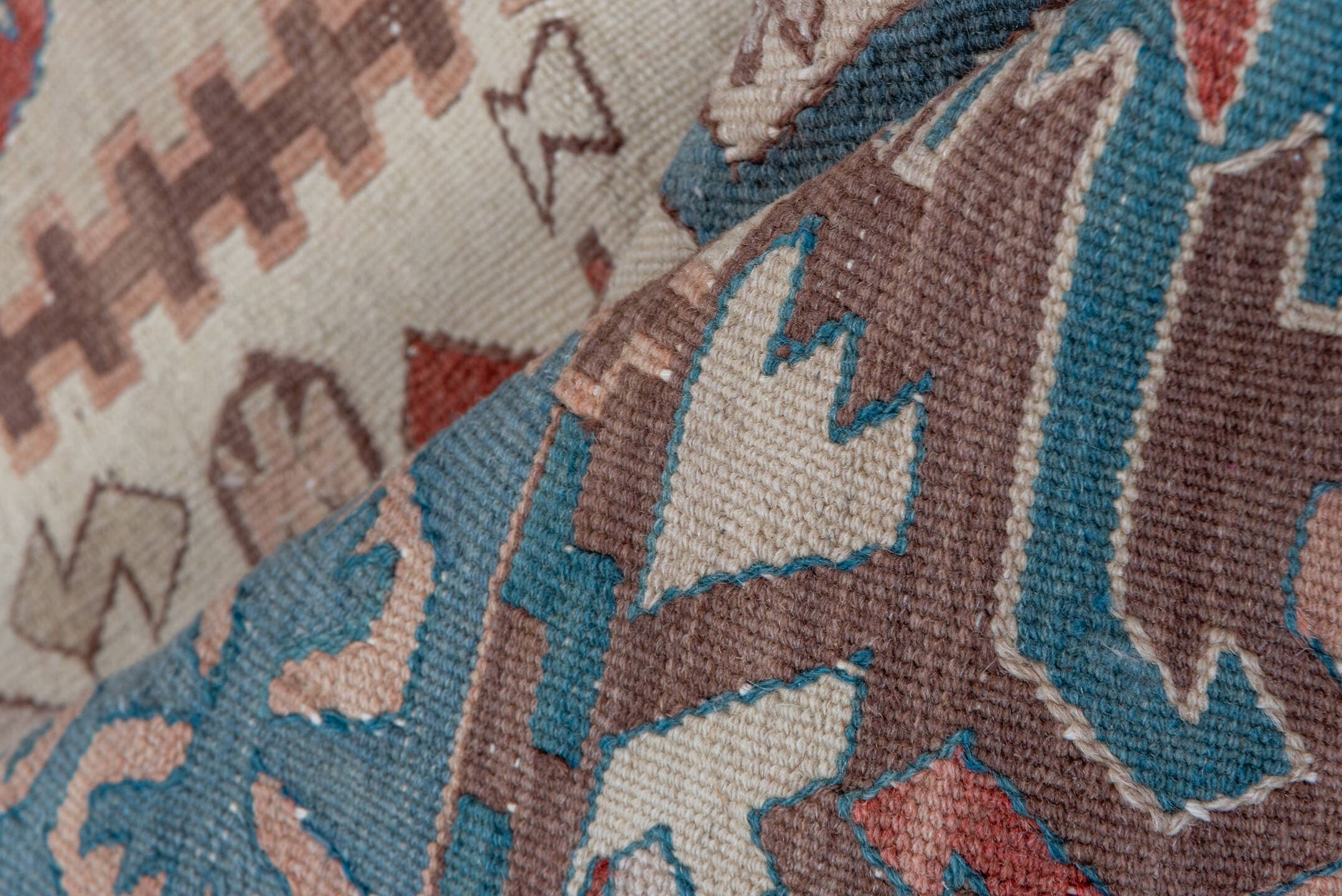 2' x 4' one-of-a-kind handmade antique Kilim small size rug. Color palette: ivory, brown, rust, blue, taupe, rose