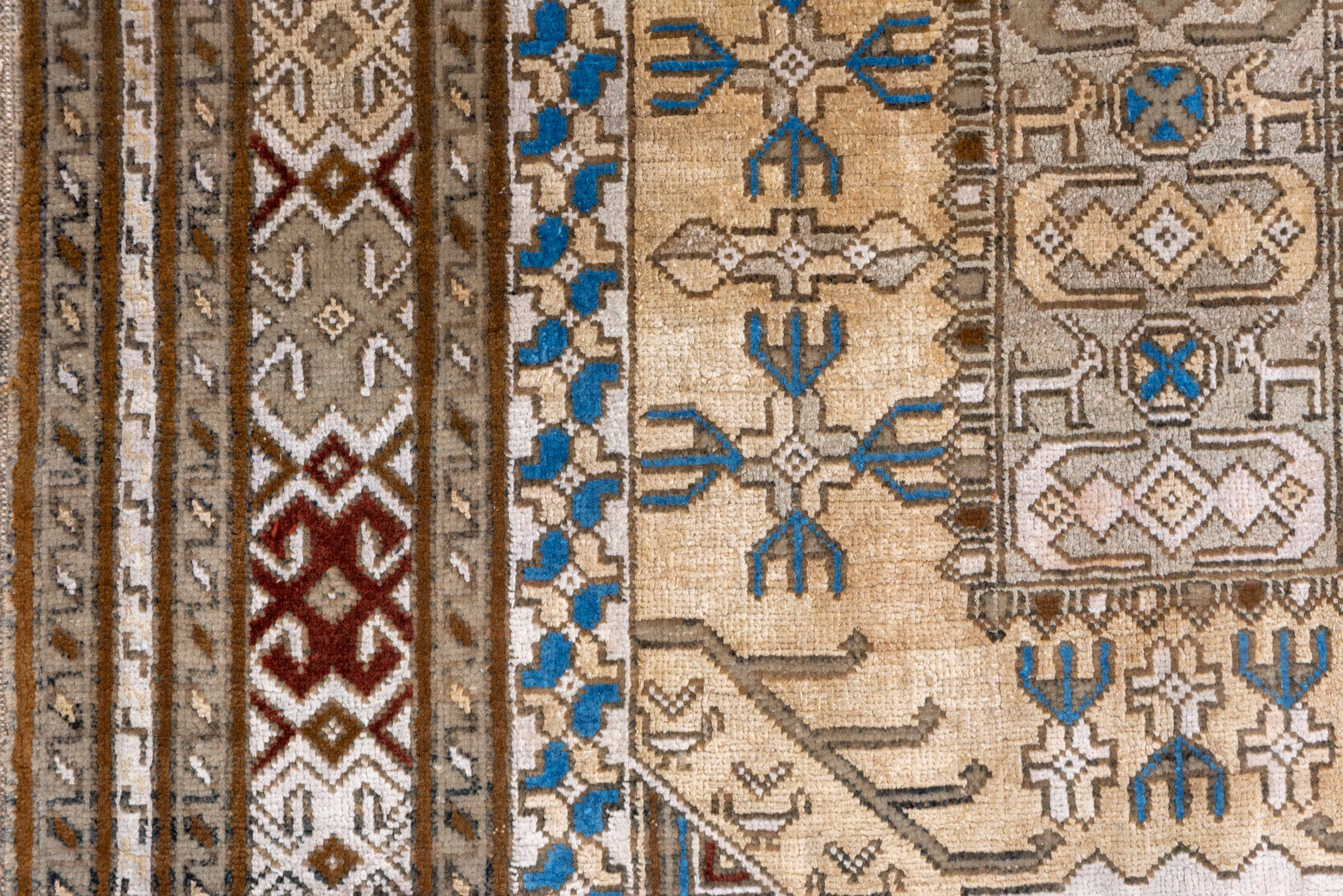 2' x 4' one-of-a-kind handmade vintage Sivas small size rug. Color palette: ivory, taupe, camel, brown, blue, rust, beige