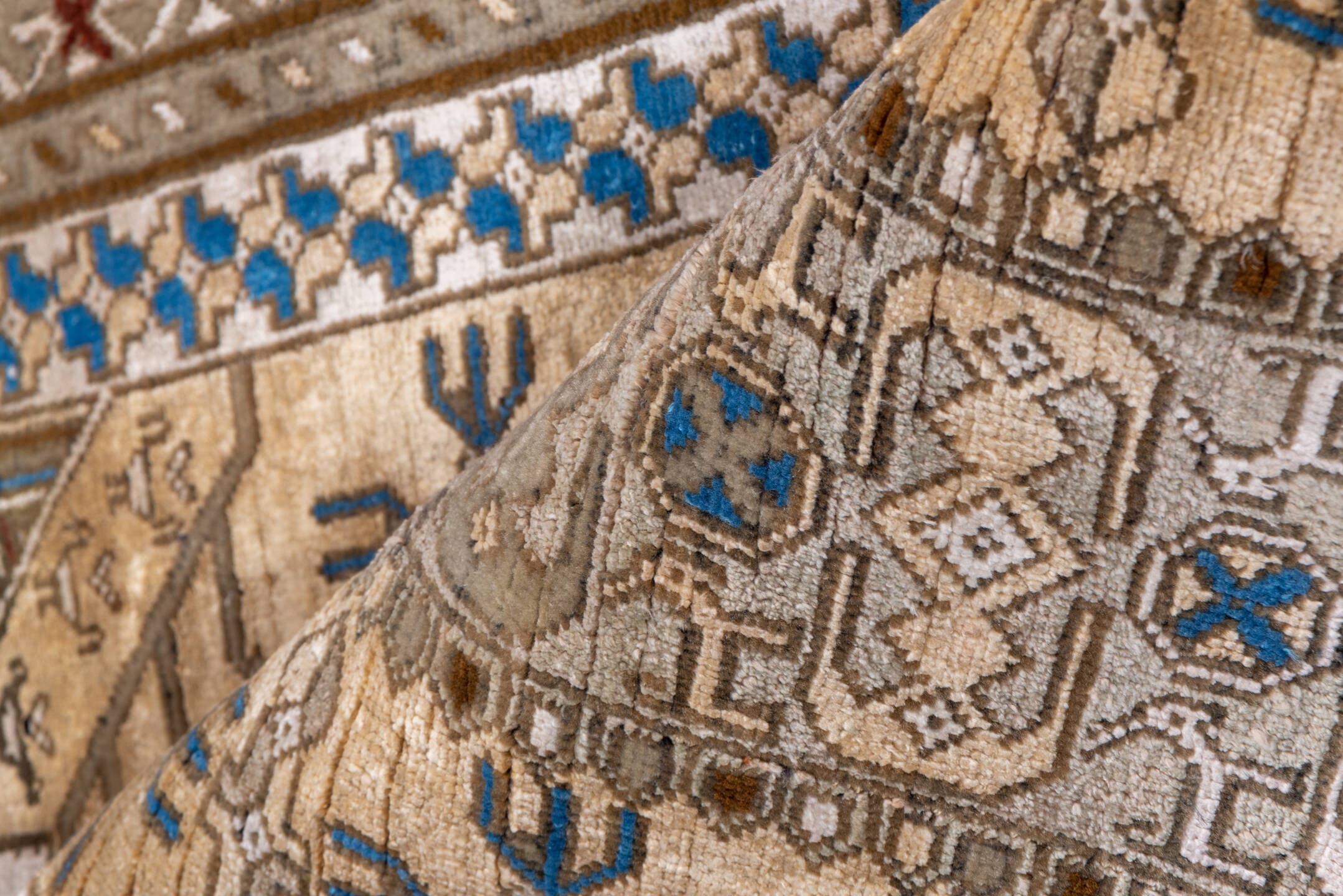 2' x 4' one-of-a-kind handmade vintage Sivas small size rug. Color palette: ivory, taupe, camel, brown, blue, rust, beige
