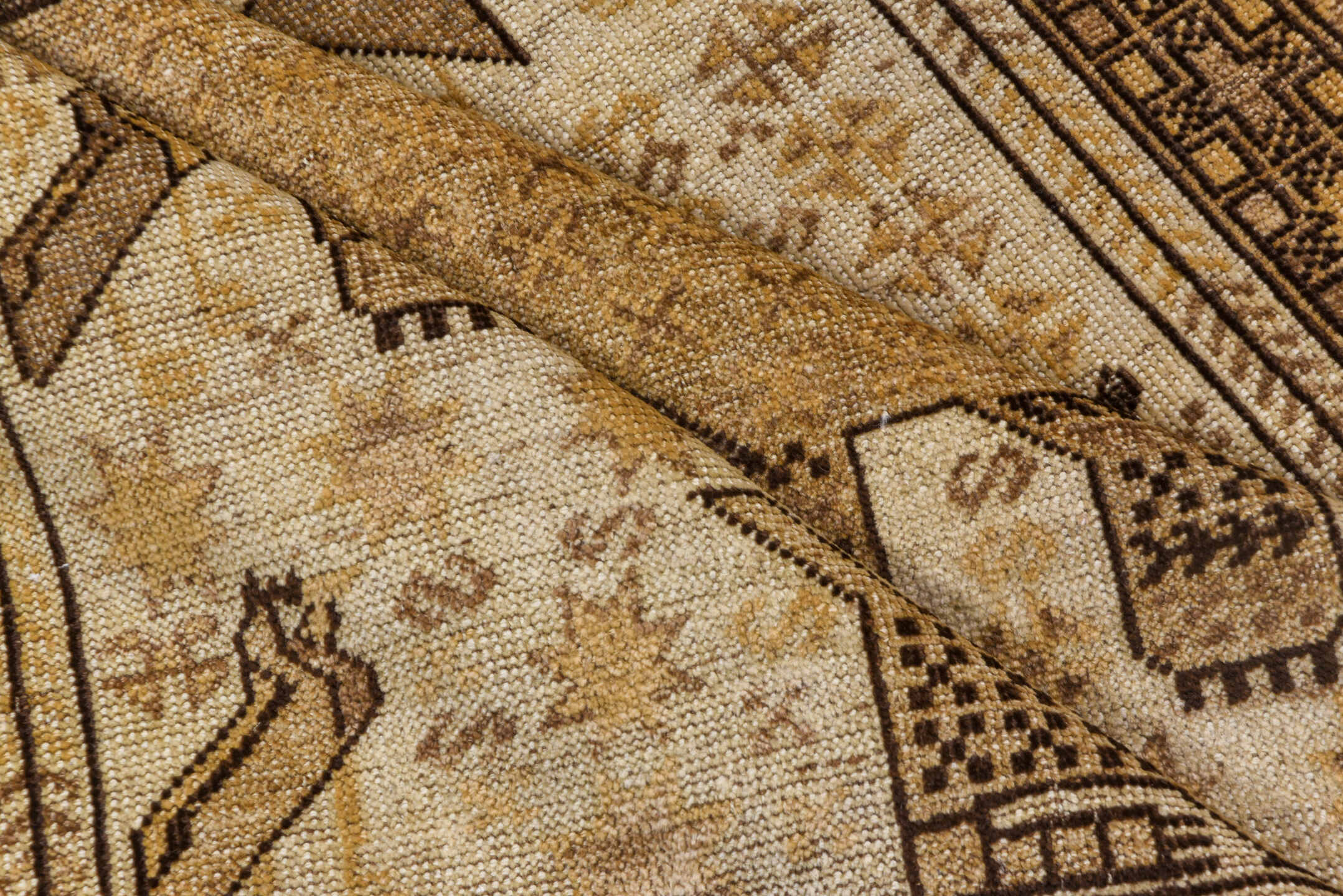 3' x 4' one-of-a-kind handmade antique Belouch small size rug. Color palette: camel, brown, ivory, taupe, charcoal, beige