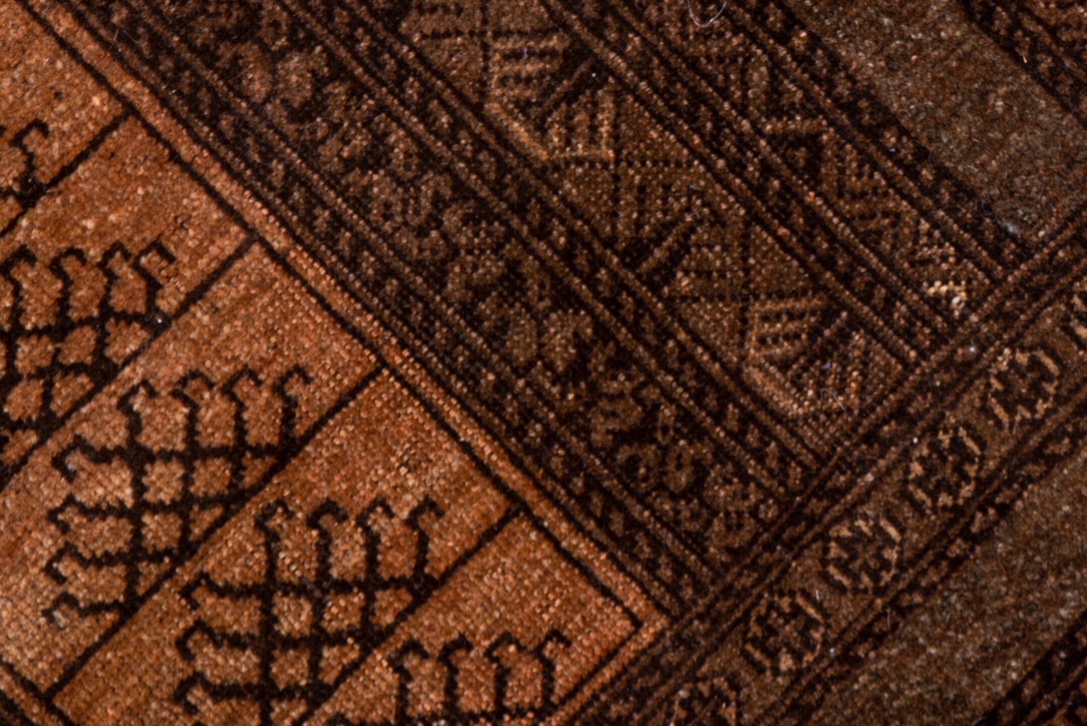 5' x 8' one-of-a-kind handmade antique Afghan medium size rug. Color palette: brown, camel, taupe, mahogany, tan, charcoal