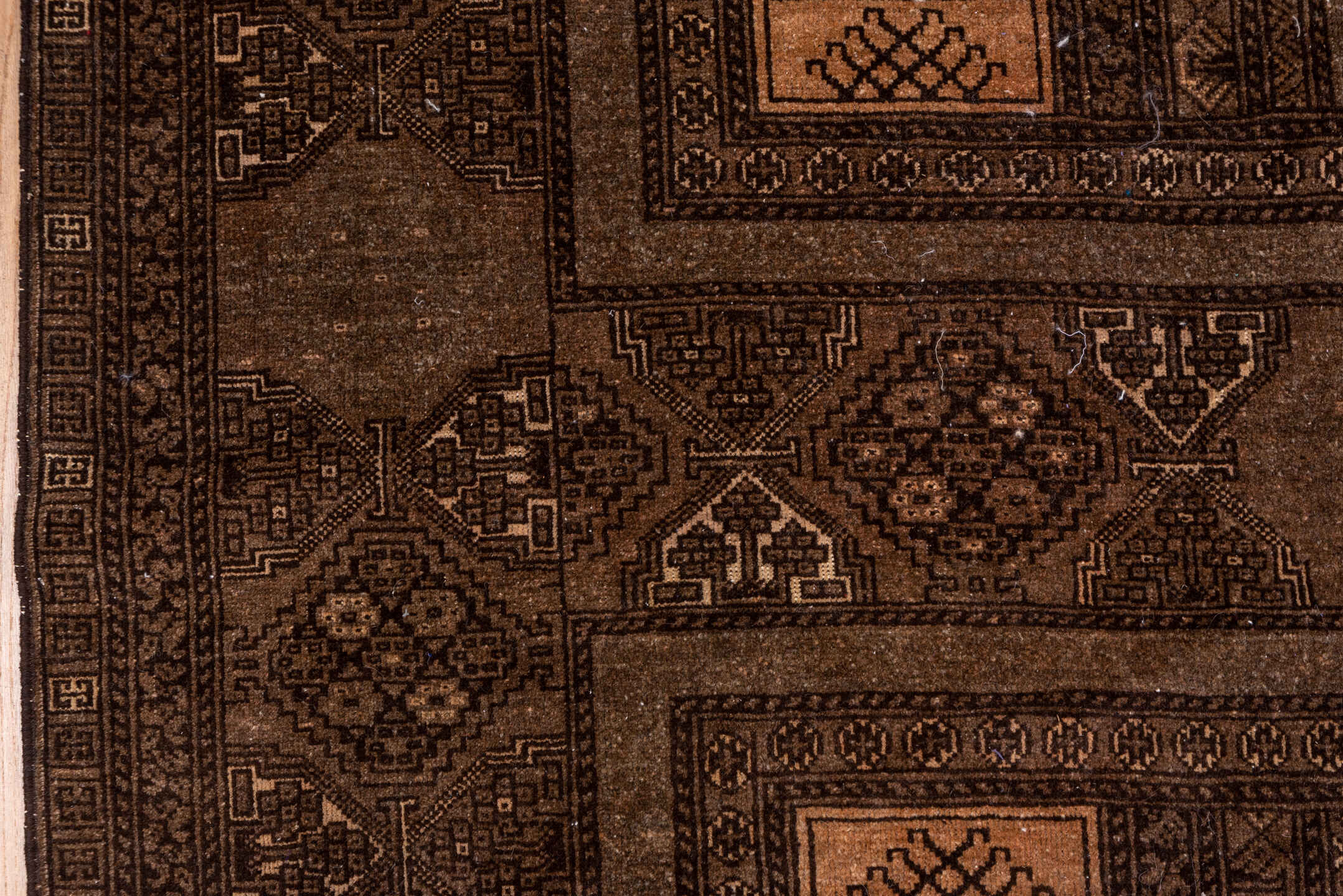 5' x 8' one-of-a-kind handmade antique Afghan medium size rug. Color palette: brown, camel, taupe, mahogany, tan, charcoal