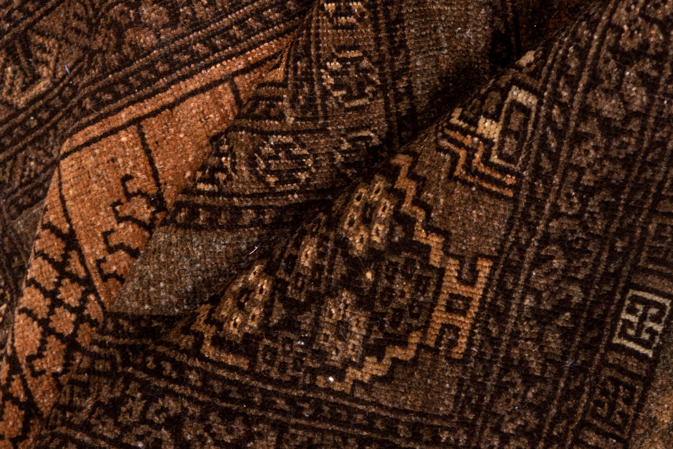 5' x 8' one-of-a-kind handmade antique Afghan medium size rug. Color palette: brown, camel, taupe, mahogany, tan, charcoal