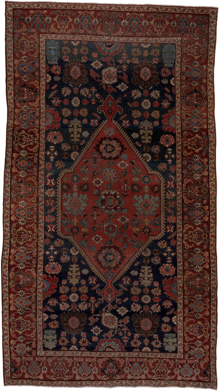 7' x 12' one-of-a-kind handmade antique Bidjar large size rug. Color palette: rust, navy, ivory, rose, slate, camel