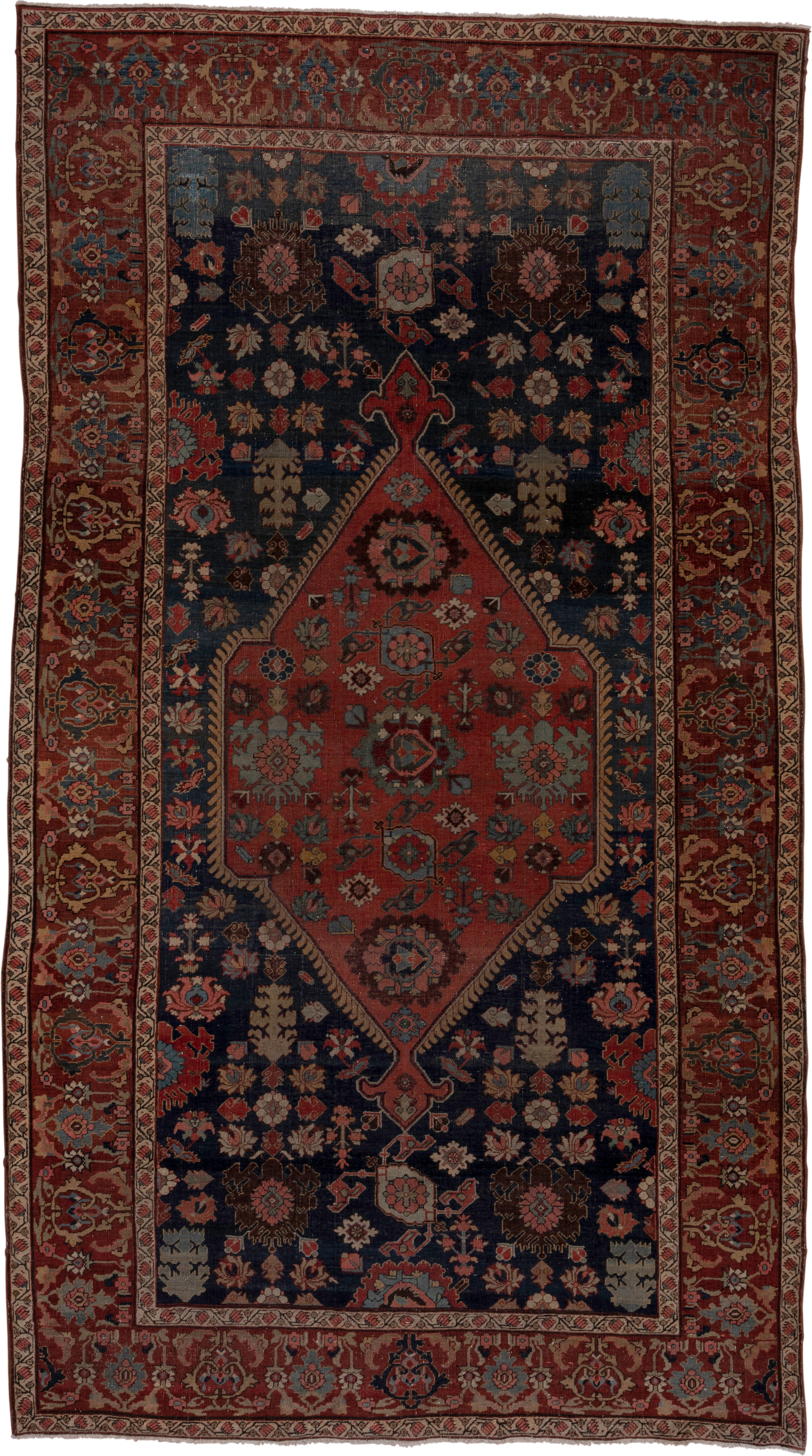 7' x 12' one-of-a-kind handmade antique Bidjar large size rug. Color palette: rust, navy, ivory, rose, slate, camel