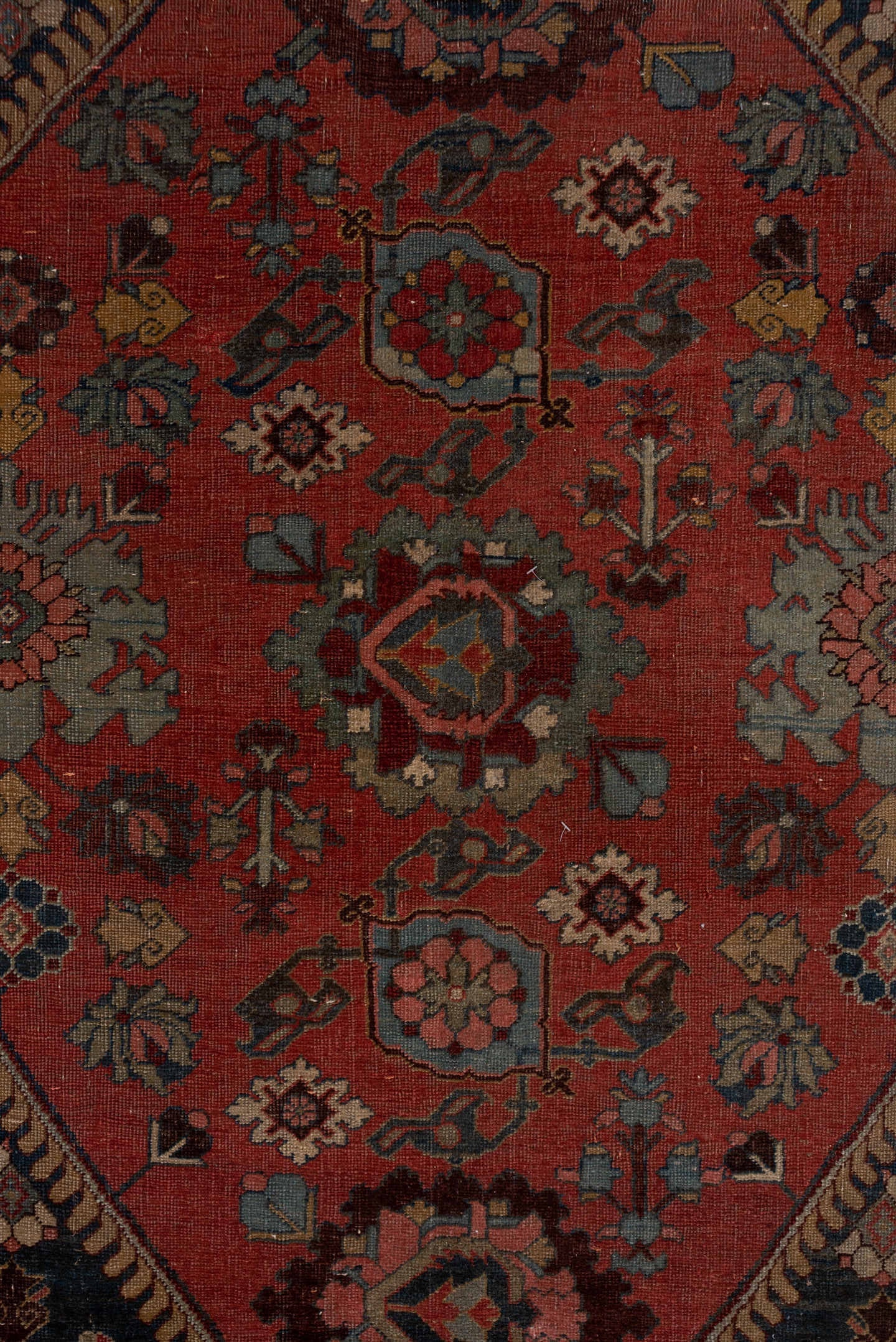 7' x 12' one-of-a-kind handmade antique Bidjar large size rug. Color palette: rust, navy, ivory, rose, slate, camel