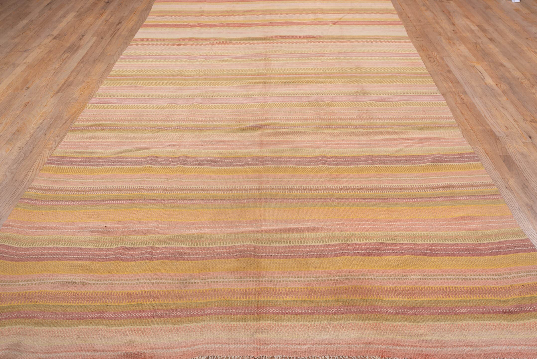 7' x 13' one-of-a-kind handmade antique Kilim large size rug. Color palette: blush, peach, sand, gold, rose, camel, ivory