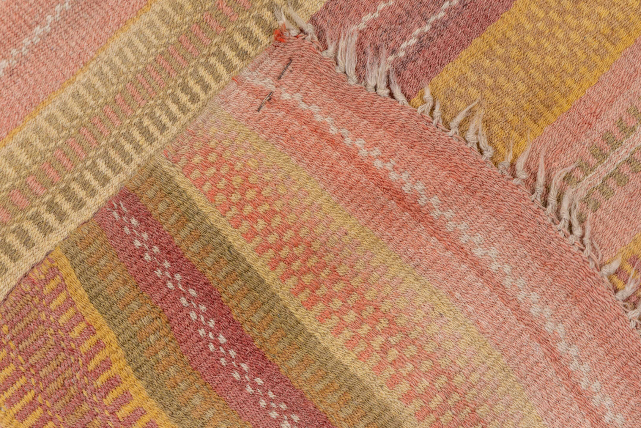 7' x 13' one-of-a-kind handmade antique Kilim large size rug. Color palette: blush, peach, sand, gold, rose, camel, ivory