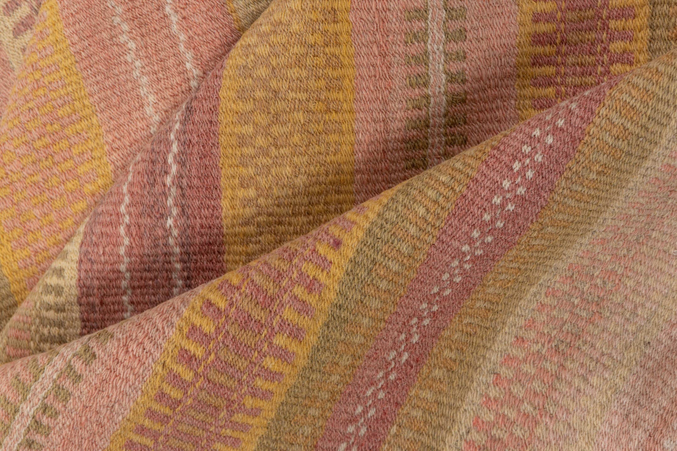 7' x 13' one-of-a-kind handmade antique Kilim large size rug. Color palette: blush, peach, sand, gold, rose, camel, ivory