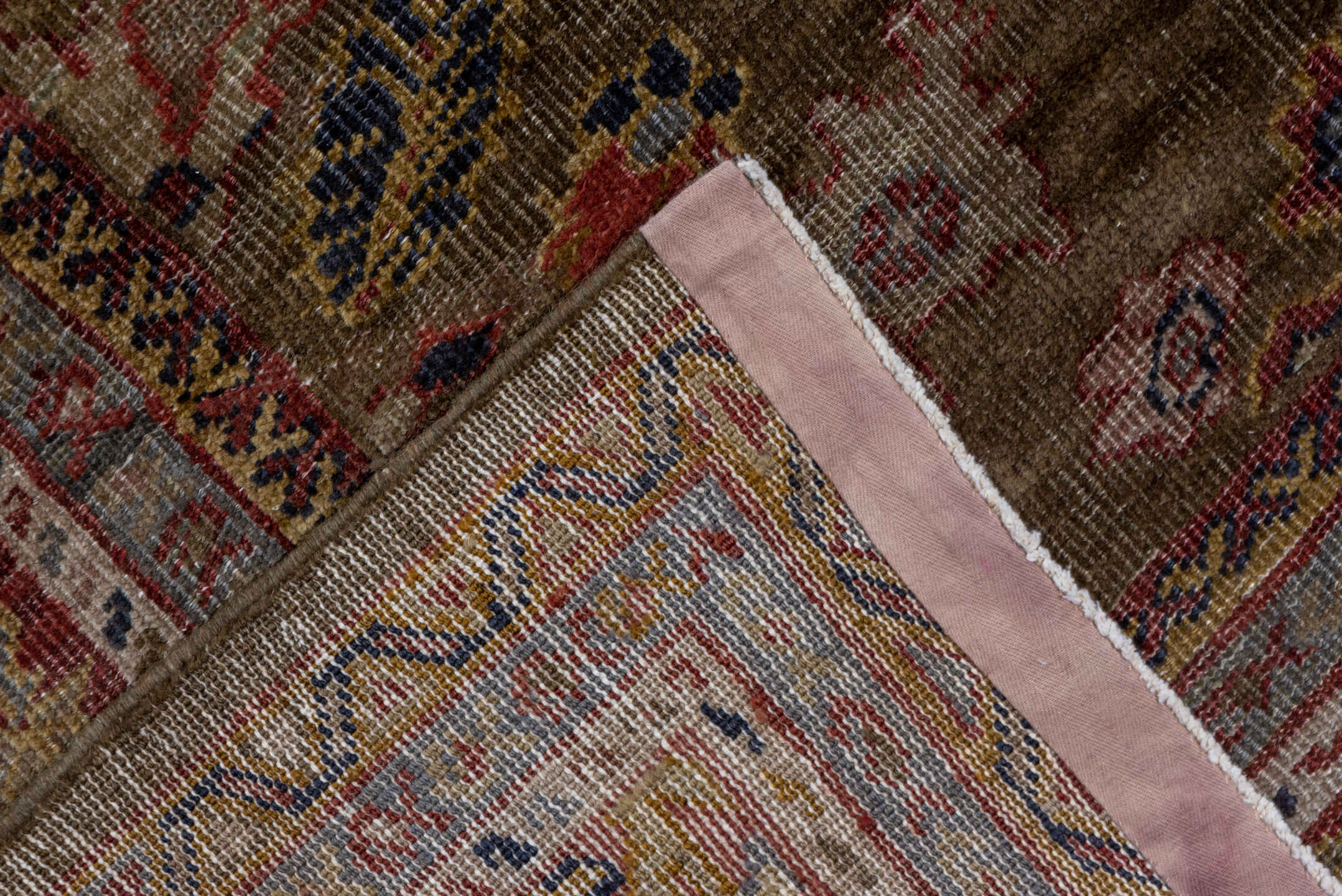 9' x 19' one-of-a-kind handmade antique Sultanabad rug. Color palette: camel, rust, taupe, ivory, burgundy, slate, rose
