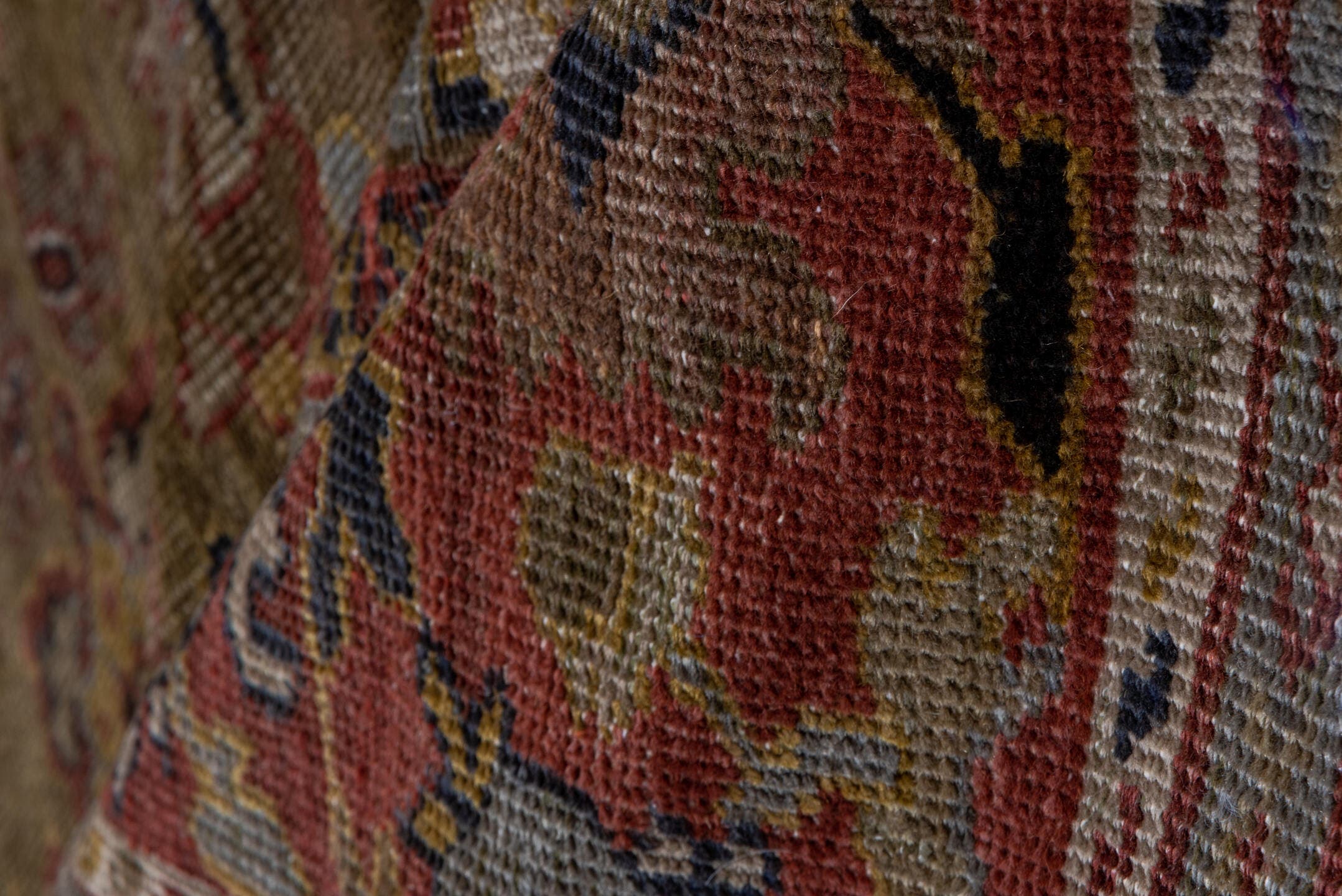 9' x 19' one-of-a-kind handmade antique Sultanabad rug. Color palette: camel, rust, taupe, ivory, burgundy, slate, rose