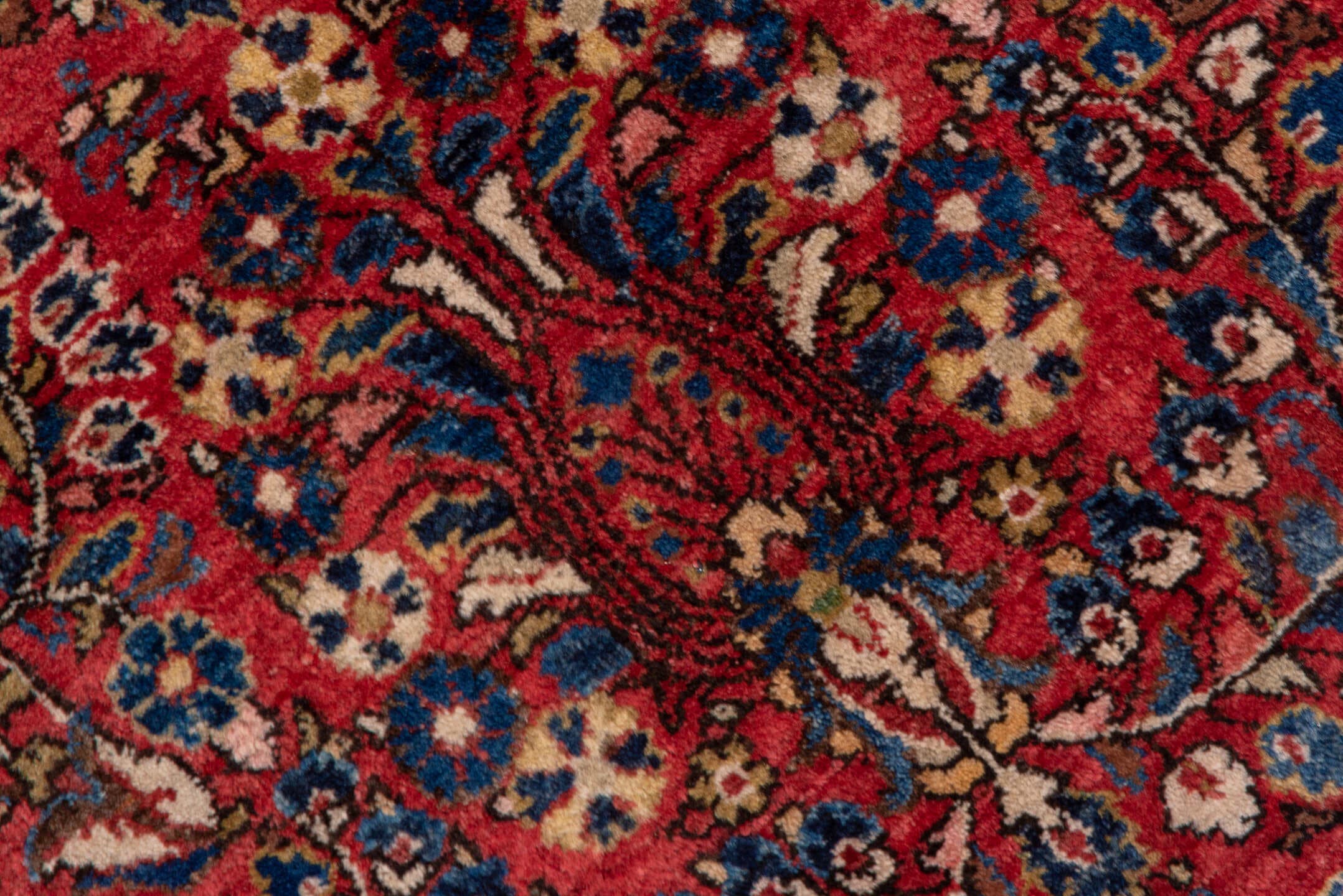 3' x 4' one-of-a-kind handmade vintage Sarouk small size rug. Color palette: red, navy, ivory, rust, camel, rose, charcoal