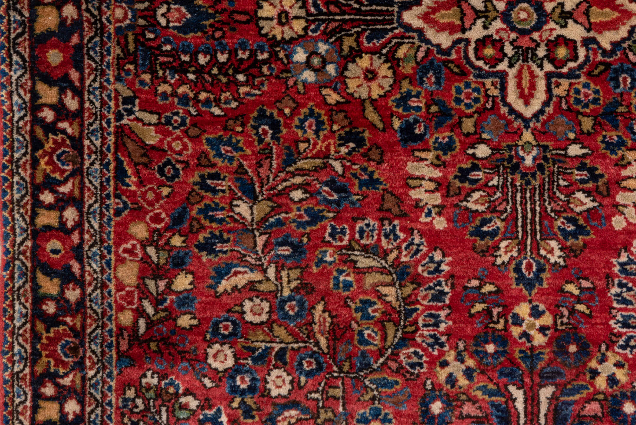 3' x 4' one-of-a-kind handmade vintage Sarouk small size rug. Color palette: red, navy, ivory, rust, camel, rose, charcoal
