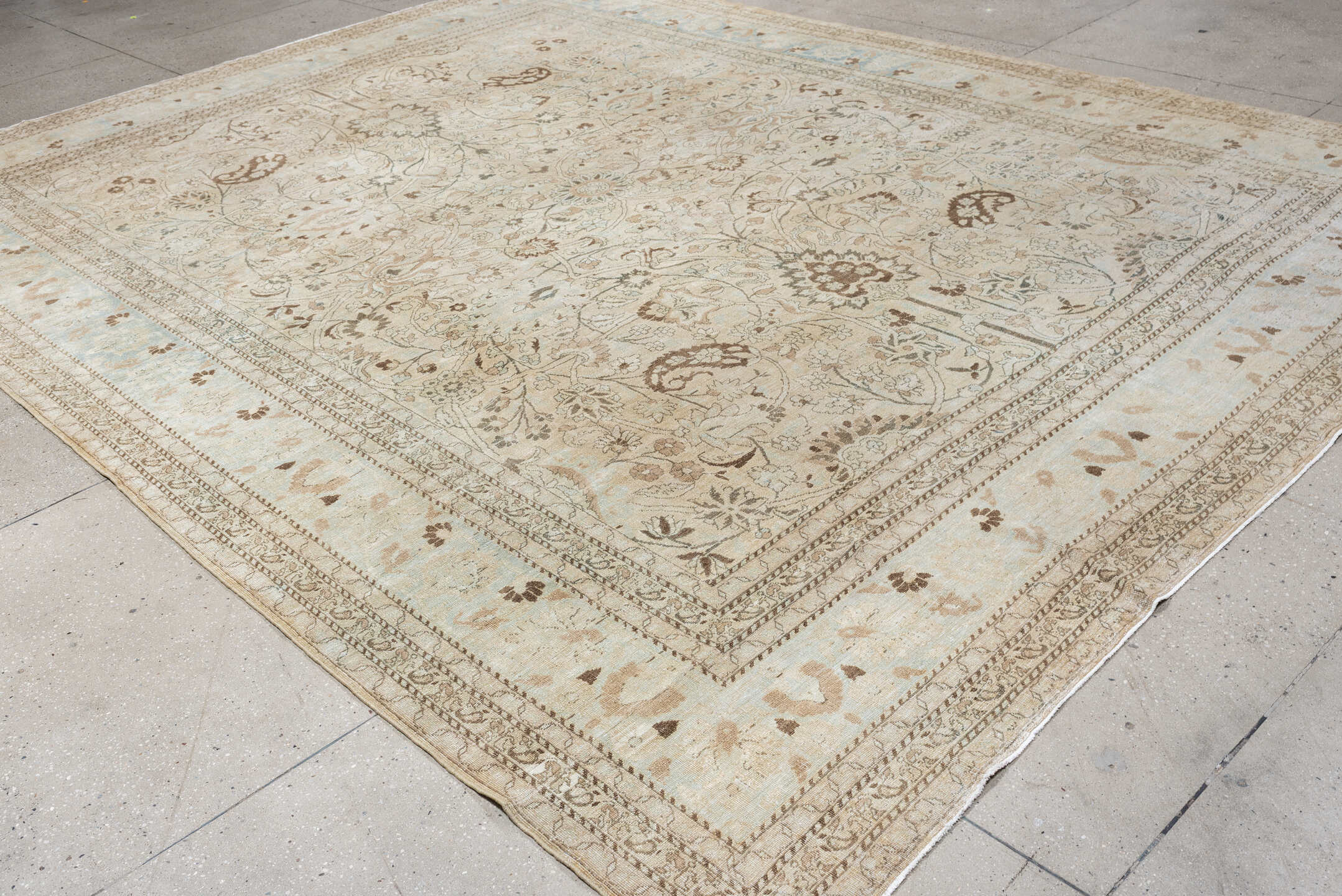 10' x 13' one-of-a-kind handmade antique Meshed large size rug. Color palette: ivory, pale blue, taupe, camel, brown, sage
