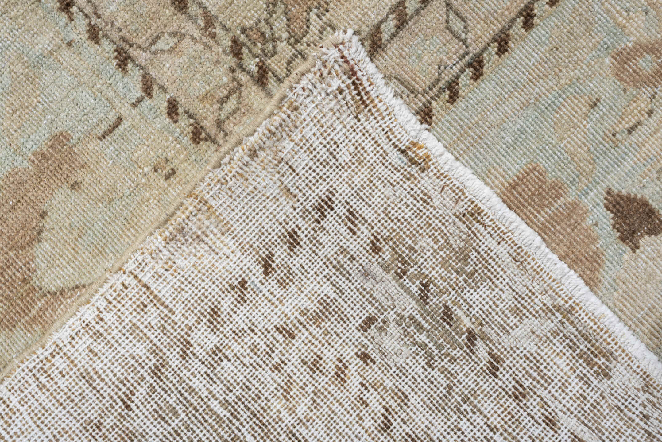 10' x 13' one-of-a-kind handmade antique Meshed large size rug. Color palette: ivory, pale blue, taupe, camel, brown, sage