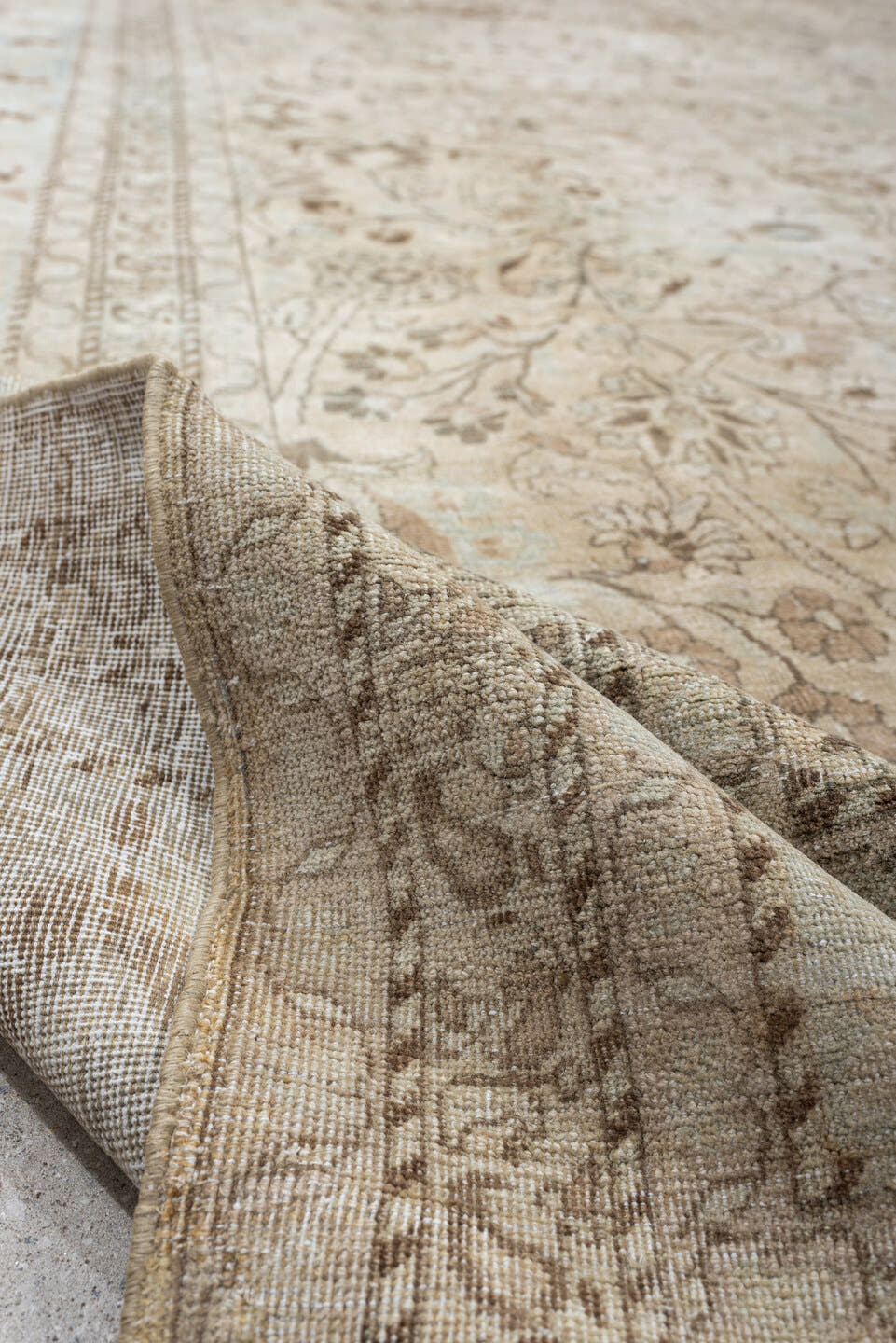 10' x 13' one-of-a-kind handmade antique Meshed large size rug. Color palette: ivory, pale blue, taupe, camel, brown, sage