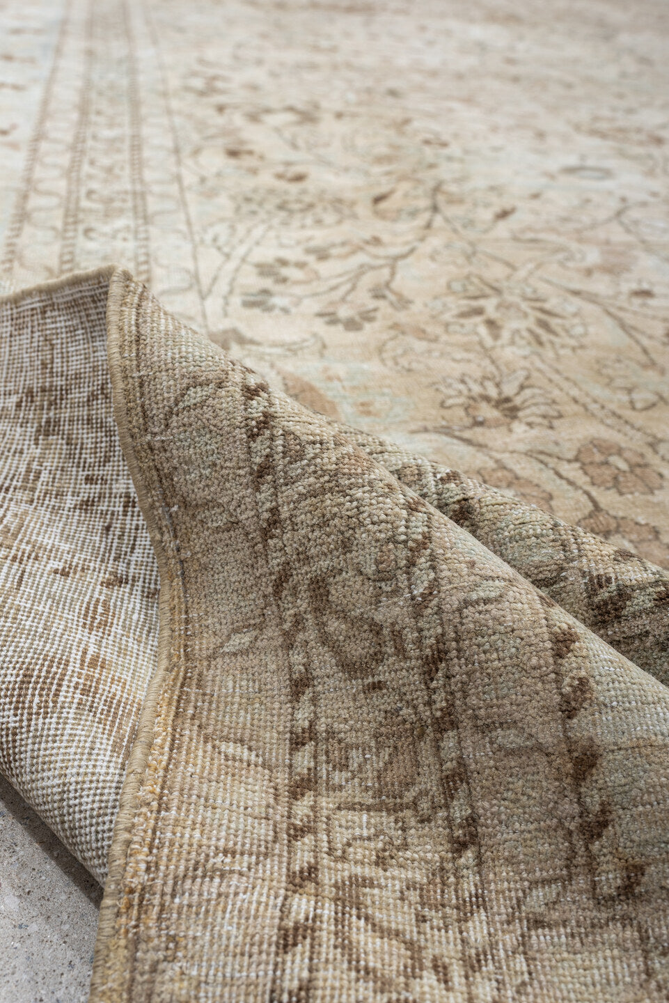10' x 13' one-of-a-kind handmade antique Meshed large size rug. Color palette: ivory, pale blue, taupe, camel, brown, sage