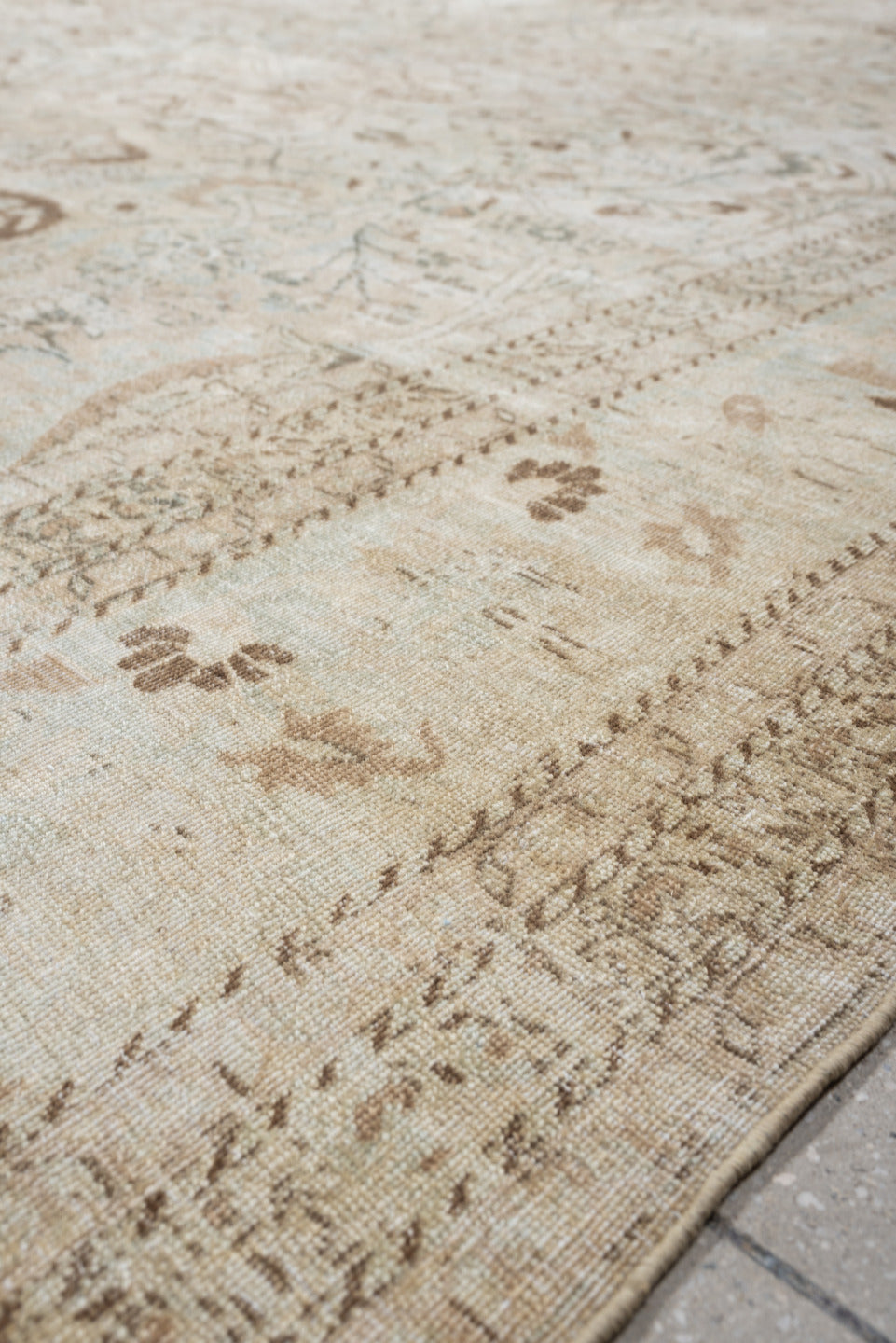 10' x 13' one-of-a-kind handmade antique Meshed large size rug. Color palette: ivory, pale blue, taupe, camel, brown, sage