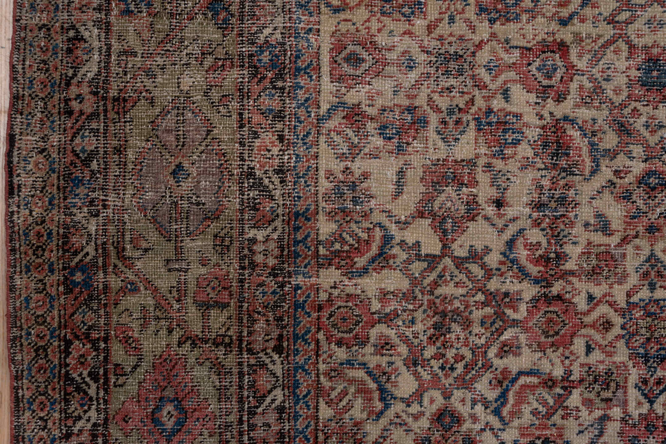 8' x 19' one-of-a-kind handmade antique Farahan rug. Color palette: ivory, taupe, rose, slate, rust, sage, burgundy, beige