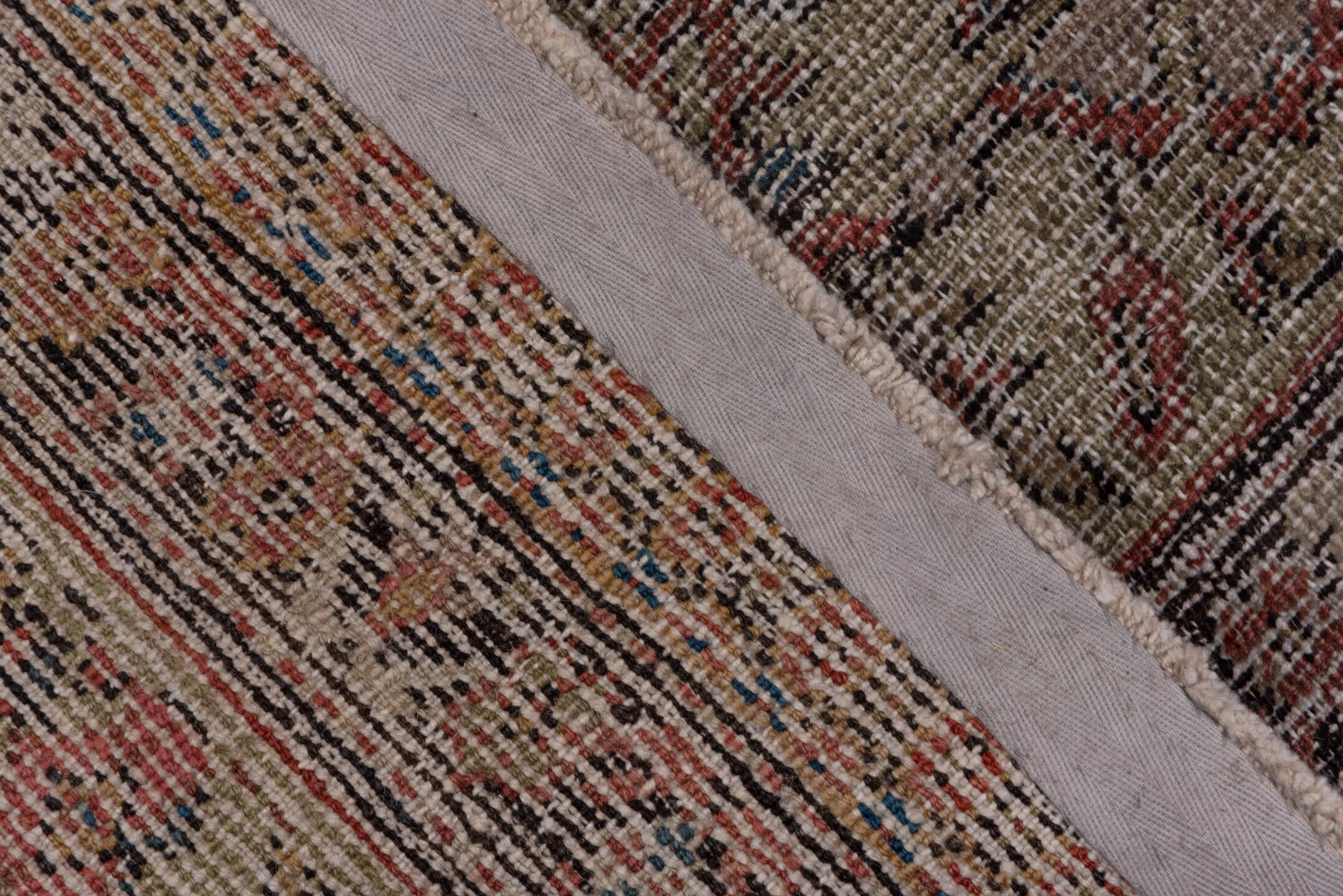 8' x 19' one-of-a-kind handmade vintage Farahan rug. Color palette: black, blue, brown, charcoal, gray, pink, red