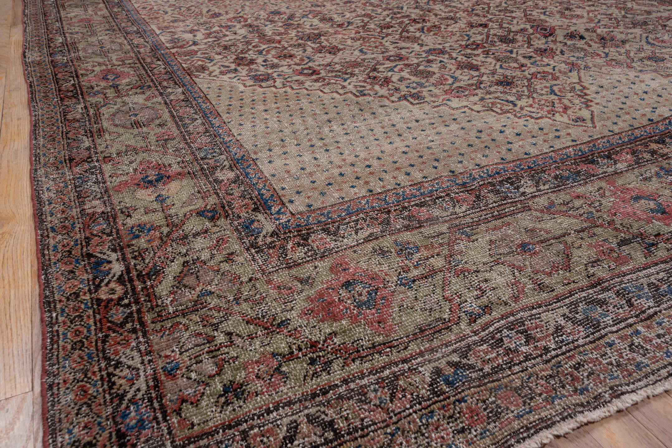 8' x 19' one-of-a-kind handmade vintage Farahan rug. Color palette: black, blue, brown, charcoal, gray, pink, red