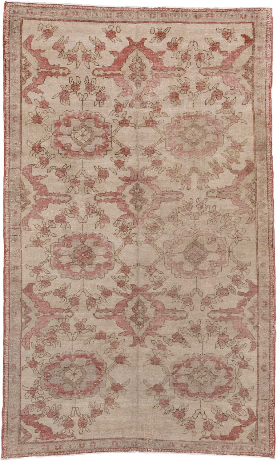 5' x 9' one-of-a-kind handmade vintage Oushak medium size rug. Color palette: ivory, rose, blush, taupe, beige, sage, pink
