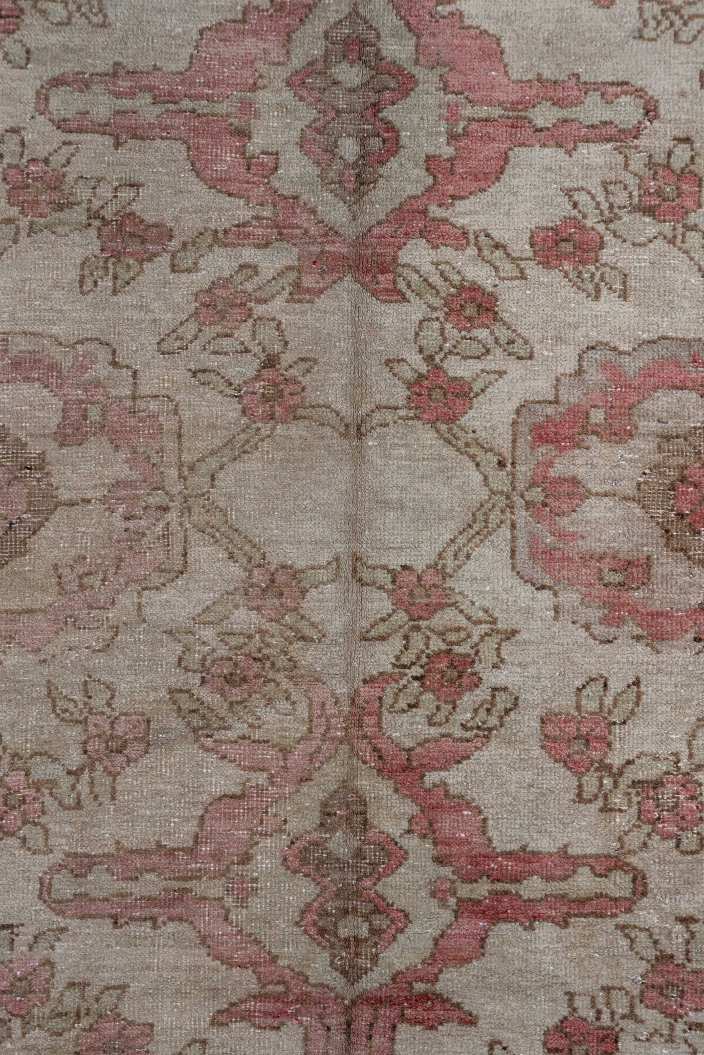 5' x 9' one-of-a-kind handmade vintage Oushak medium size rug. Color palette: ivory, rose, blush, taupe, beige, sage, pink