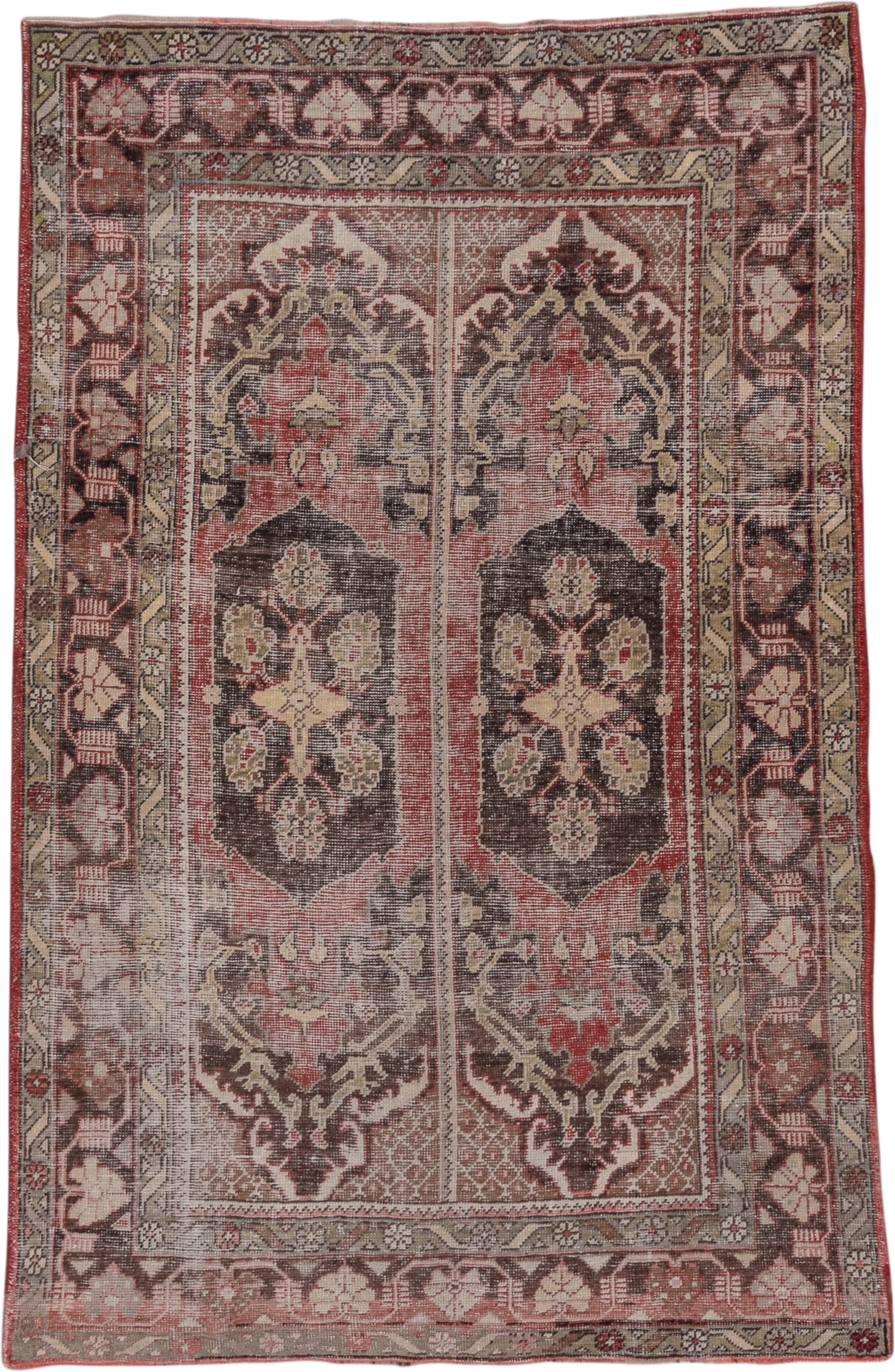 4' x 7' one-of-a-kind handmade vintage Oushak rug. Color palette: rose, ivory, taupe, brown, burgundy, sage, pink, red