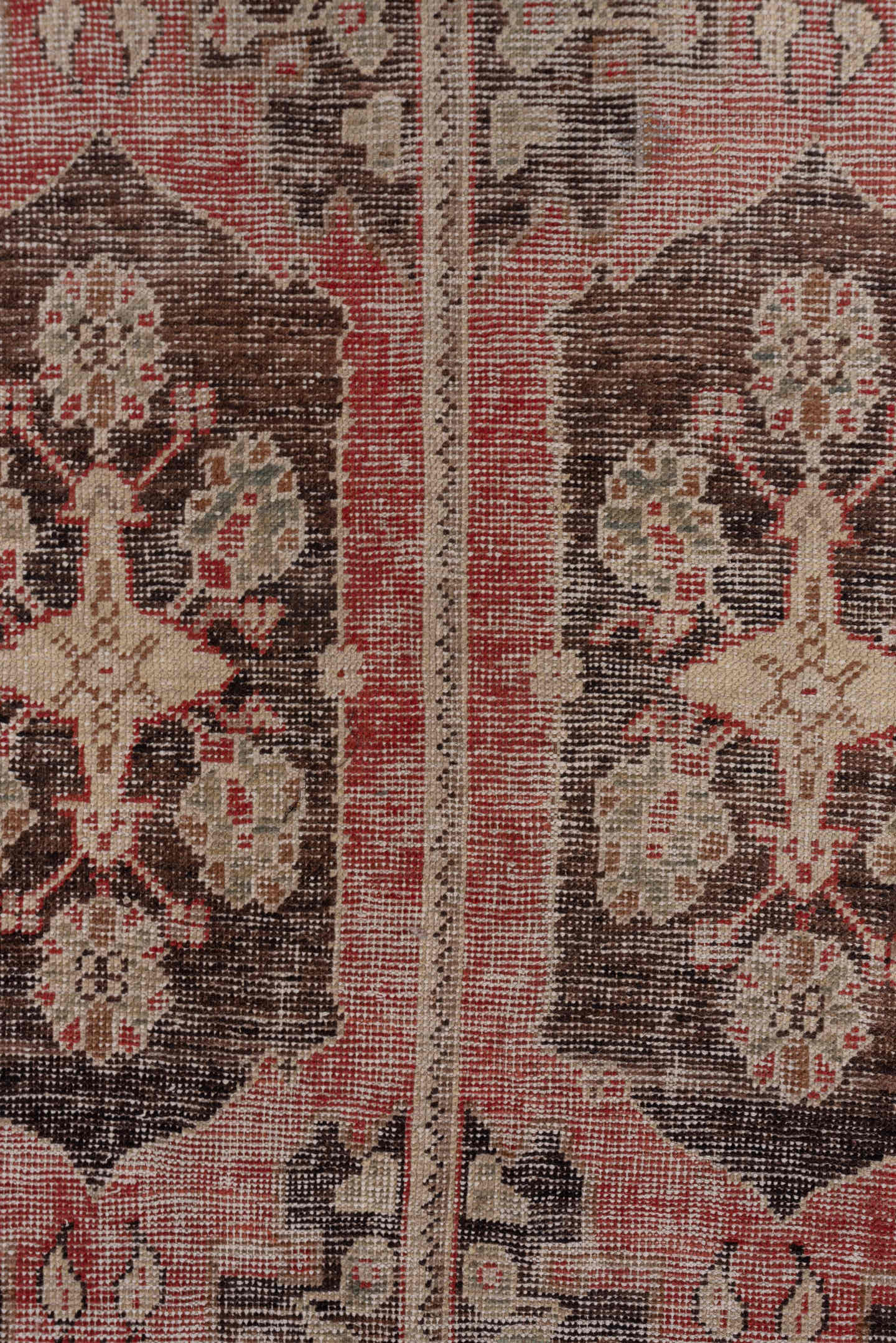 4' x 7' one-of-a-kind handmade vintage Oushak rug. Color palette: rose, ivory, taupe, brown, burgundy, sage, pink, red