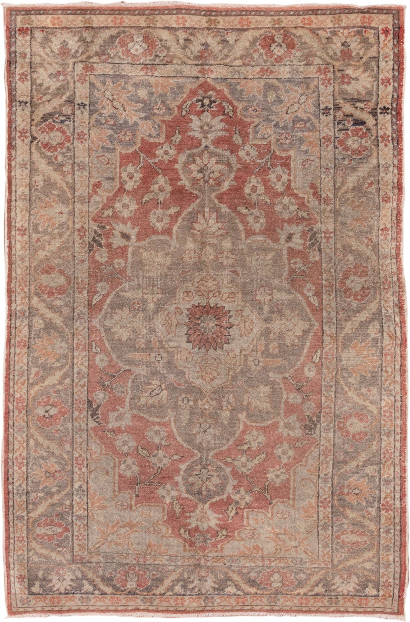 4' x 6' one-of-a-kind handmade vintage Oushak small size rug. Color palette: rose, taupe, ivory, gray, terra cotta, beige