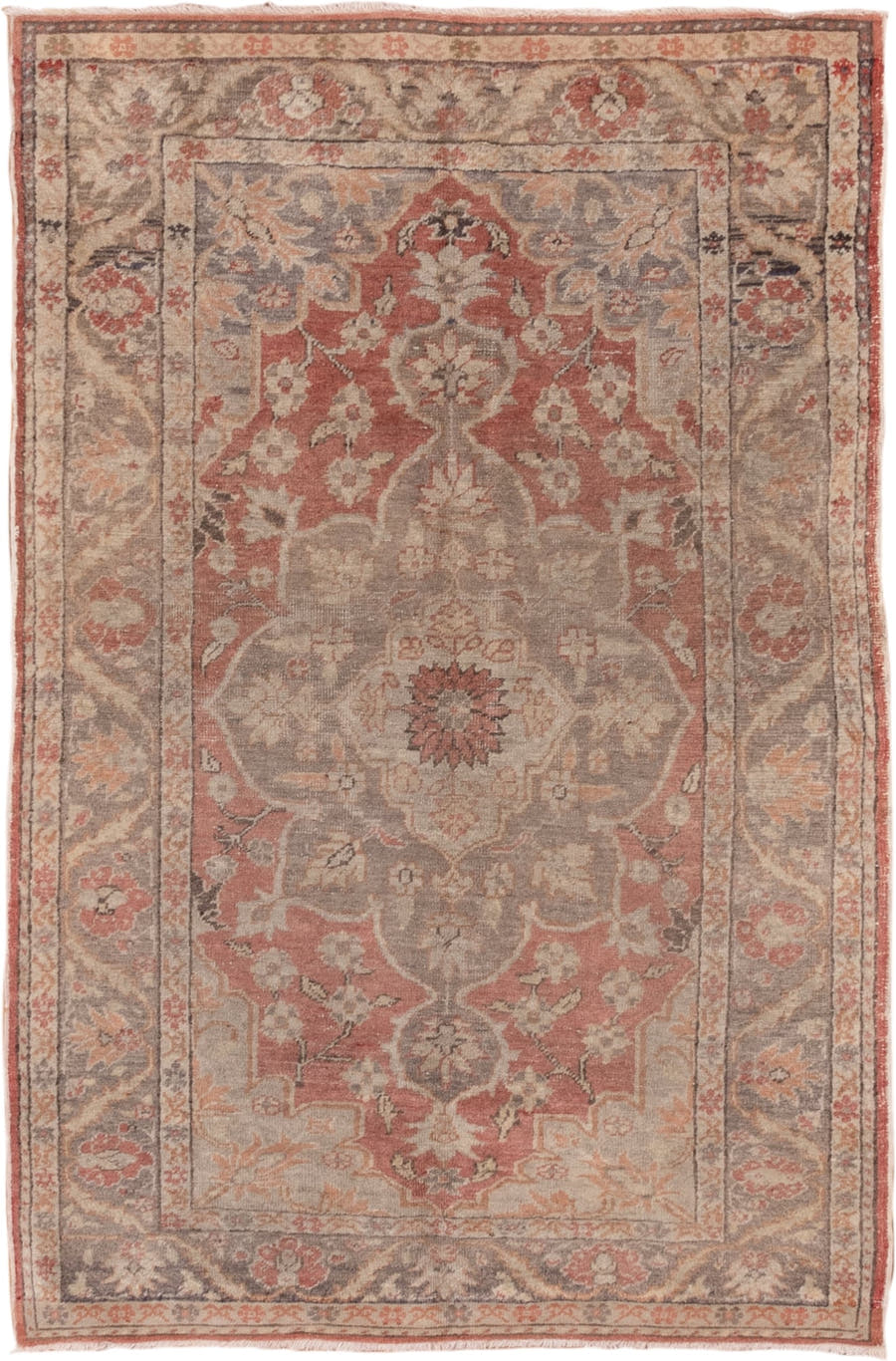 4' x 6' one-of-a-kind handmade vintage Oushak small size rug. Color palette: rose, taupe, ivory, gray, terra cotta, beige