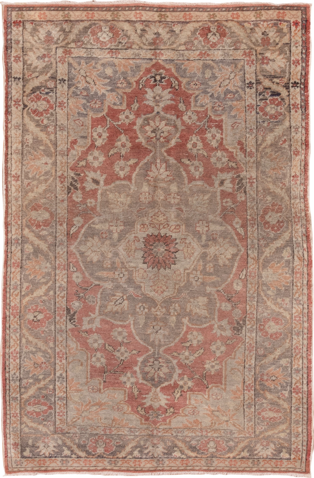 4' x 6' one-of-a-kind handmade vintage Oushak small size rug. Color palette: brown, gray, light gray, off-white, orange