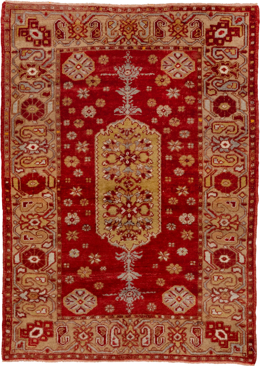 3' x 5' one-of-a-kind handmade vintage Oushak small size rug. Color palette: red, ivory, rust, gold, camel, burgundy, taupe