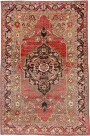 8' x 12' one-of-a-kind handmade vintage Oushak large size rug. Color palette: coral, olive, ivory, charcoal, rose, taupe