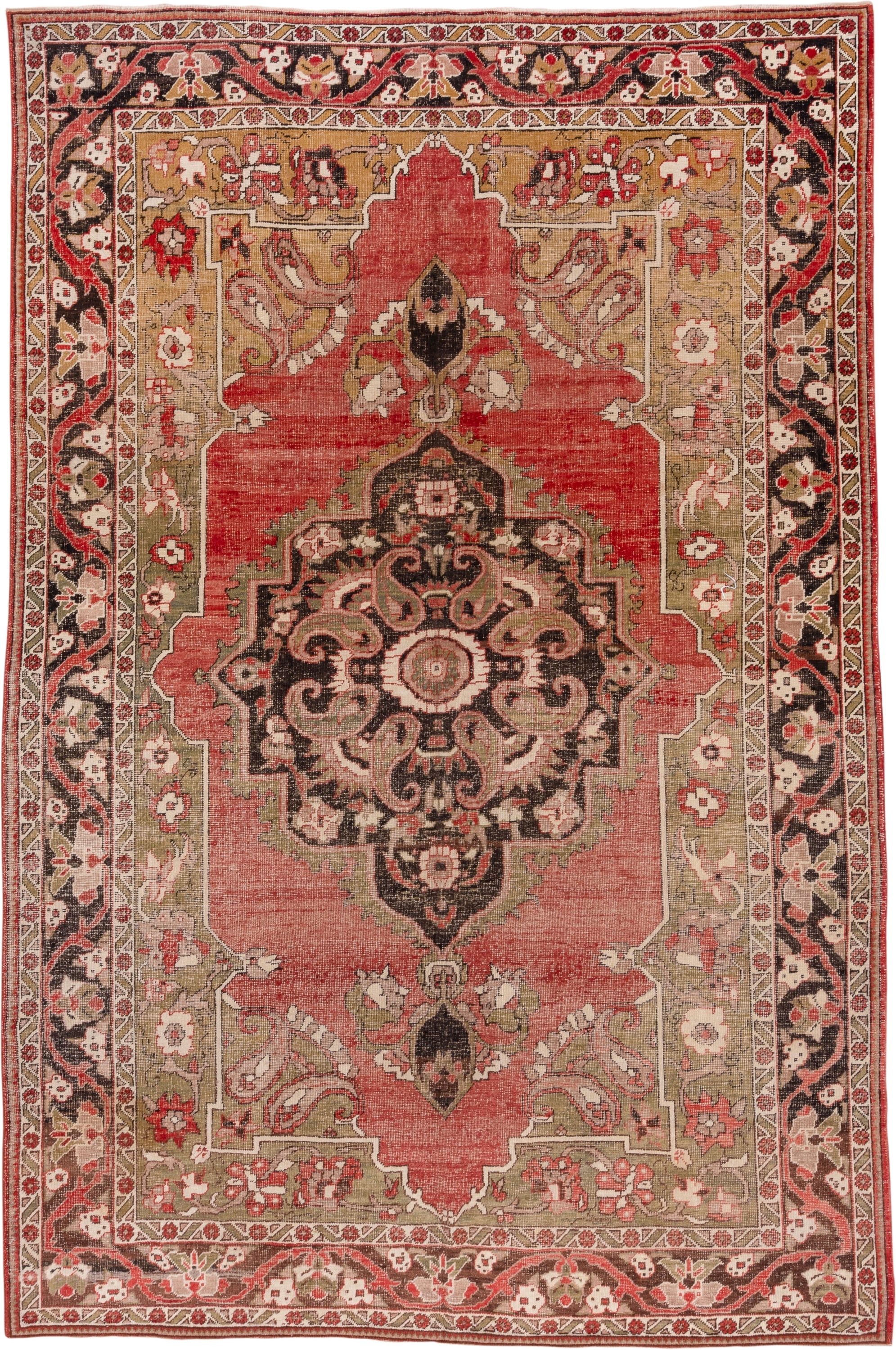 8' x 12' one-of-a-kind handmade vintage Oushak large size rug. Color palette: coral, olive, ivory, charcoal, rose, taupe