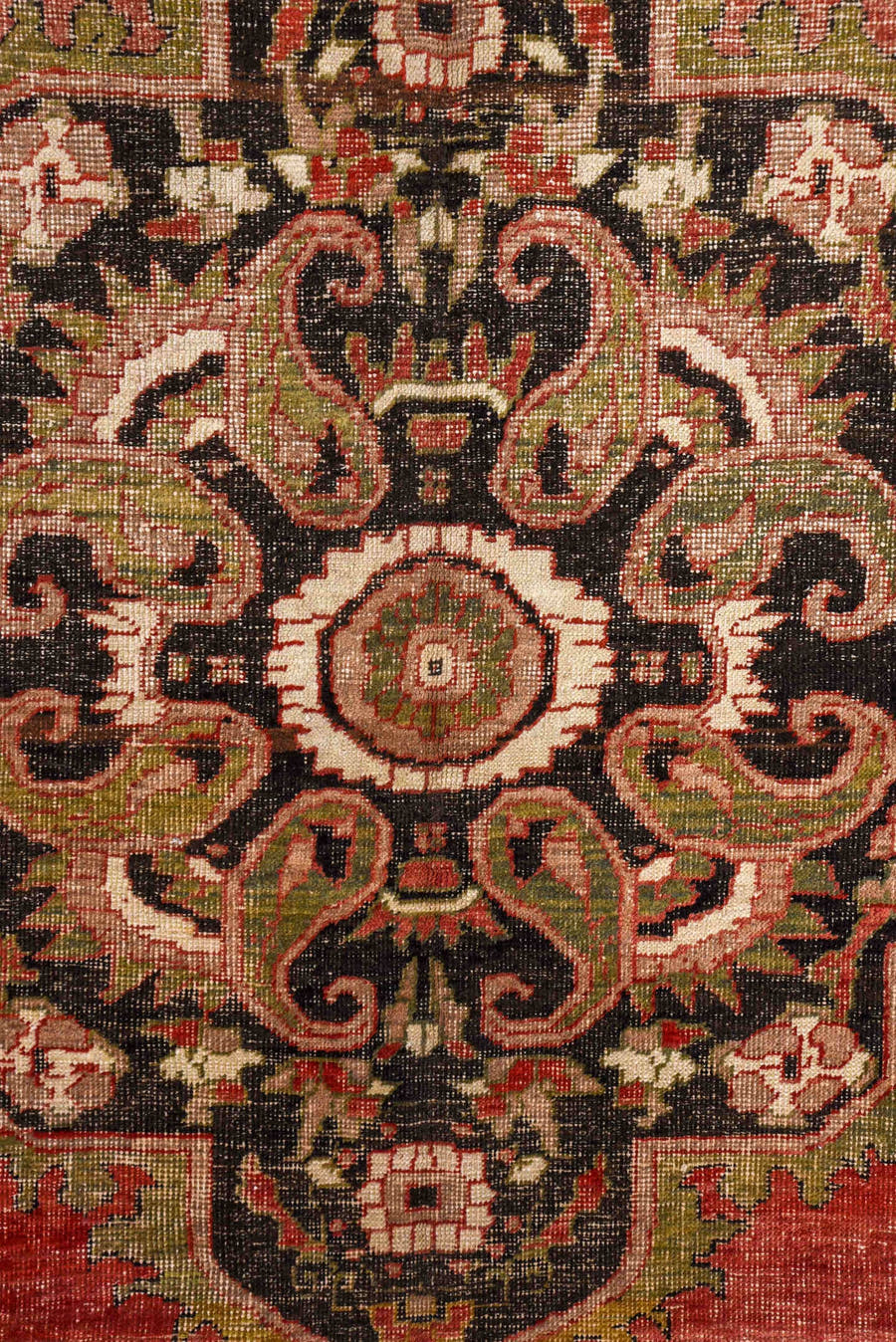 8' x 12' one-of-a-kind handmade vintage Oushak large size rug. Color palette: coral, olive, ivory, charcoal, rose, taupe