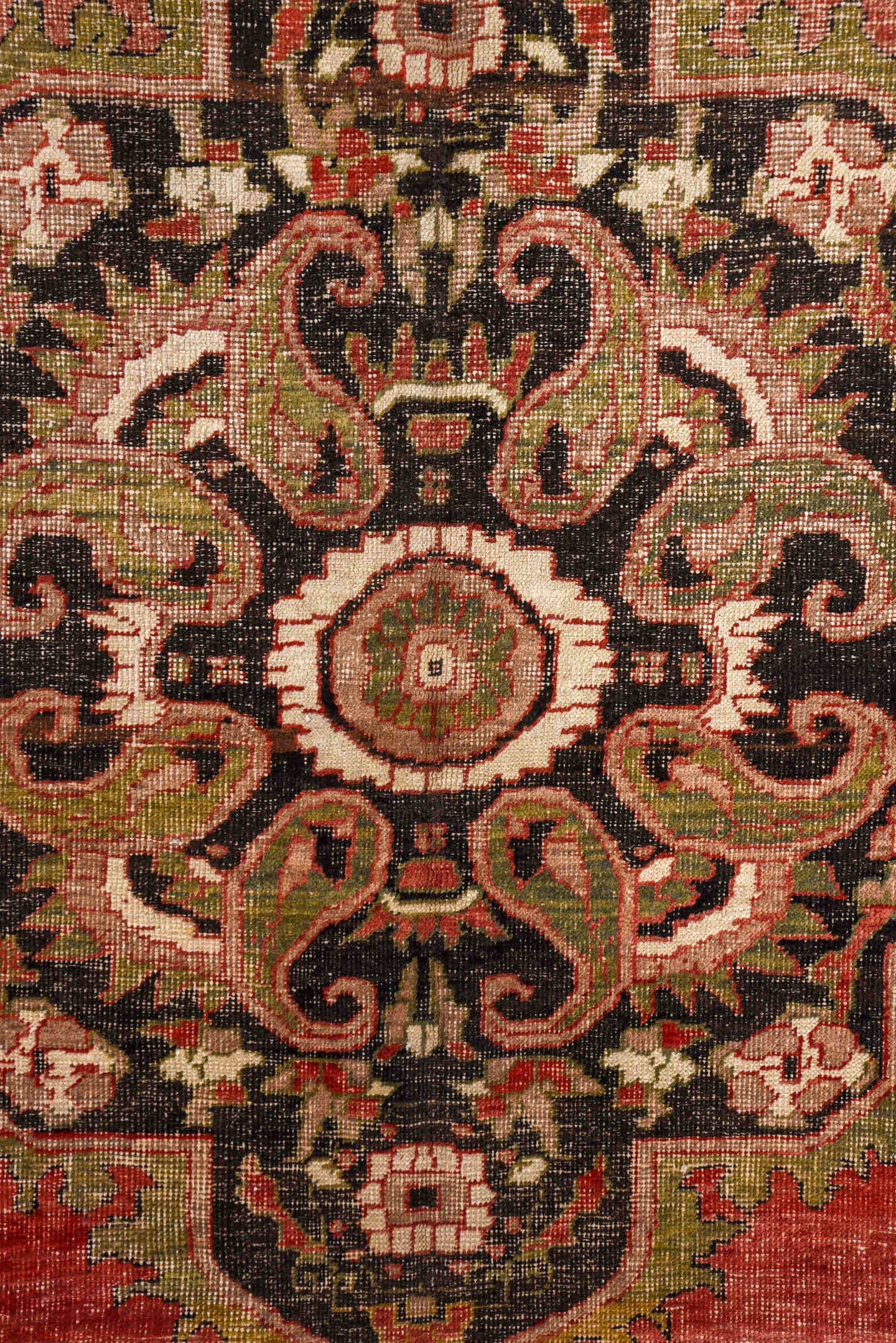 8' x 12' one-of-a-kind handmade vintage Oushak large size rug. Color palette: coral, olive, ivory, charcoal, rose, taupe