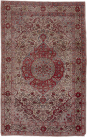 4' x 7' one-of-a-kind handmade vintage Sivas rug. Color palette: ivory, rose, muted red, pale blue, taupe, burgundy, pink