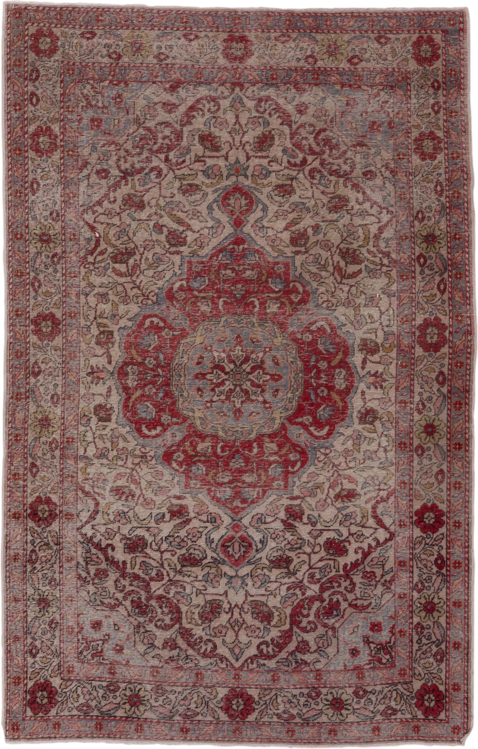 4' x 7' one-of-a-kind handmade vintage Sivas rug. Color palette: ivory, rose, muted red, pale blue, taupe, burgundy, pink
