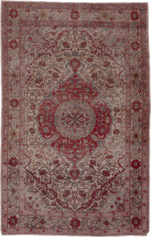4' x 7' one-of-a-kind handmade vintage Sivas rug. Color palette: ivory, rose, muted red, pale blue, taupe, burgundy, pink