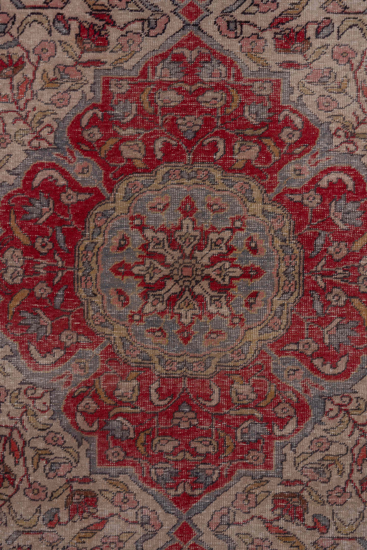 4' x 7' one-of-a-kind handmade vintage Sivas rug. Color palette: ivory, rose, muted red, pale blue, taupe, burgundy, pink